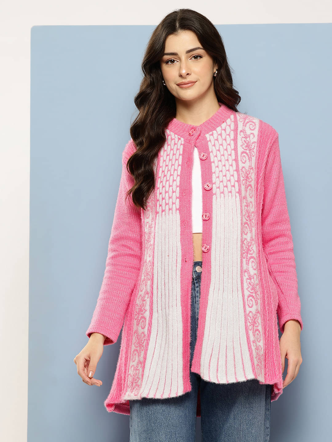 Aarika Women Woollen Round Neck Cardigan ( Pink )     			Aarika Women Woollen Round Neck Cardigan ( Pink )