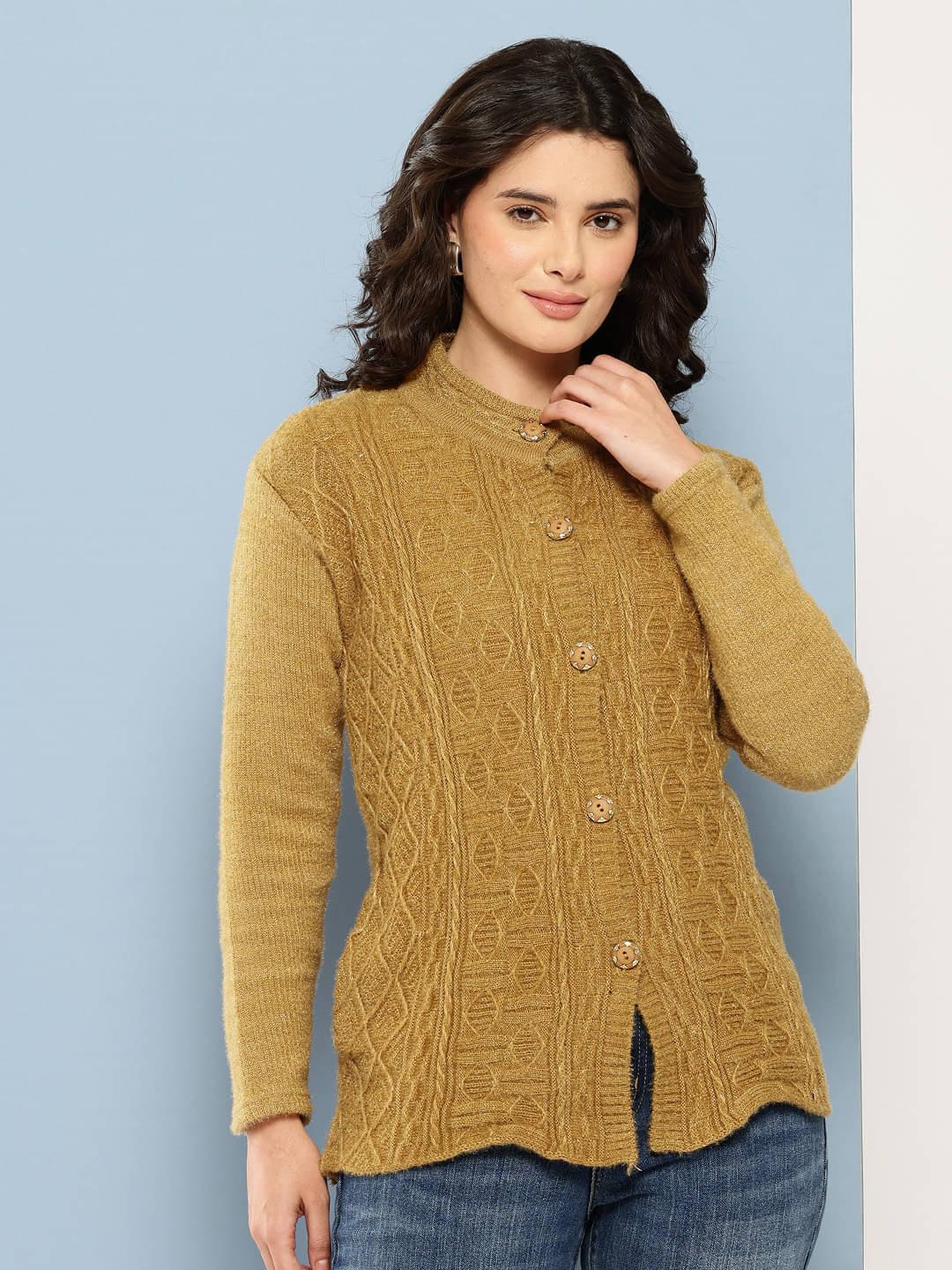     			Aarika Woollen Round Neck Women's Buttoned Cardigans - Gold ( Pack of 1 )