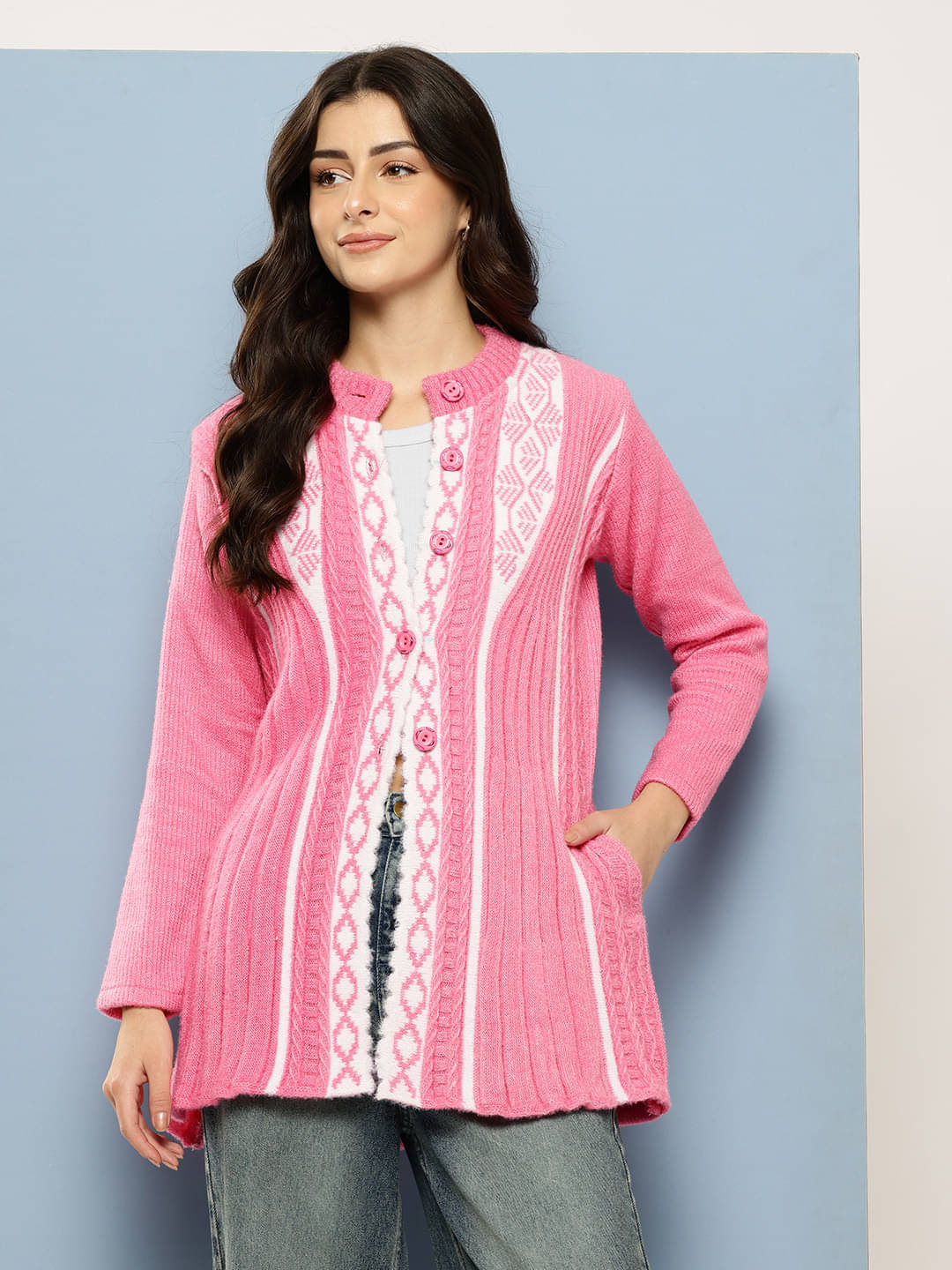 Aarika Women Woollen Round Neck Cardigan ( Pink ) Aarika Women Woollen Round Neck Cardigan ( Pink )