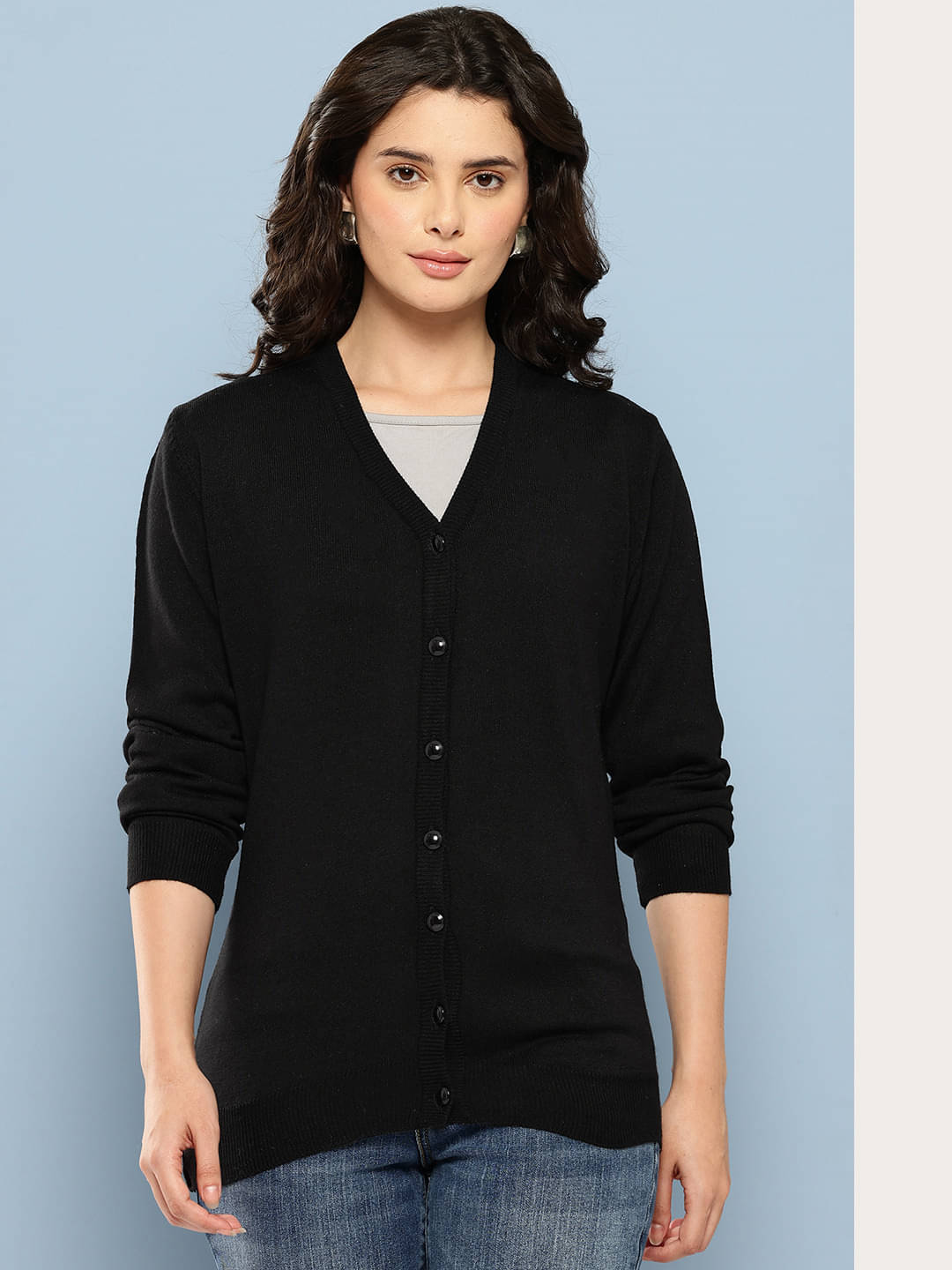 Aarika Women Woollen V-Neck Cardigan ( Black )     			Aarika Women Woollen V-Neck Cardigan ( Black )