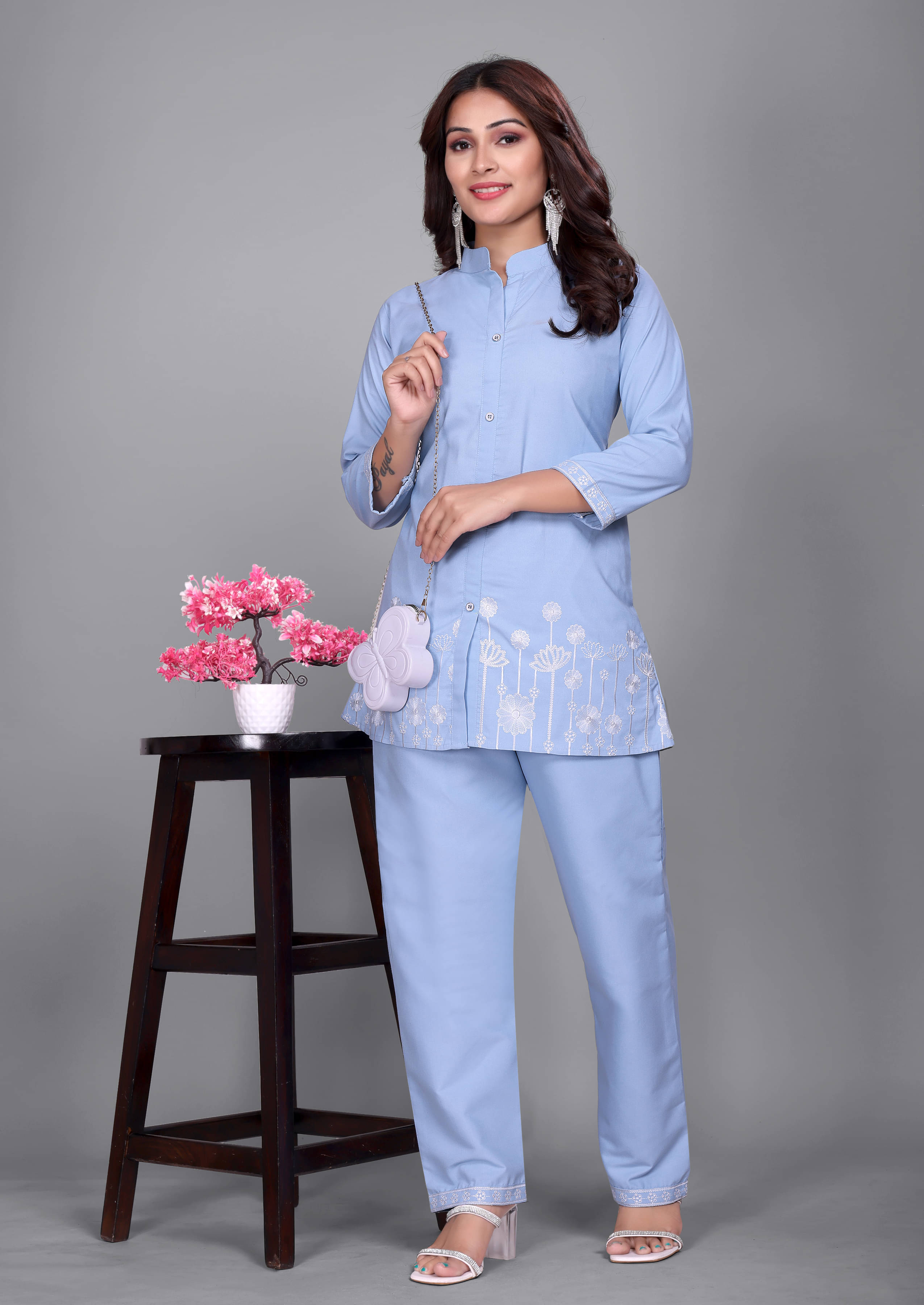     			BRANDCLICK Women Embroidered Top With Trousers Co-Ord Set ( Light Blue )