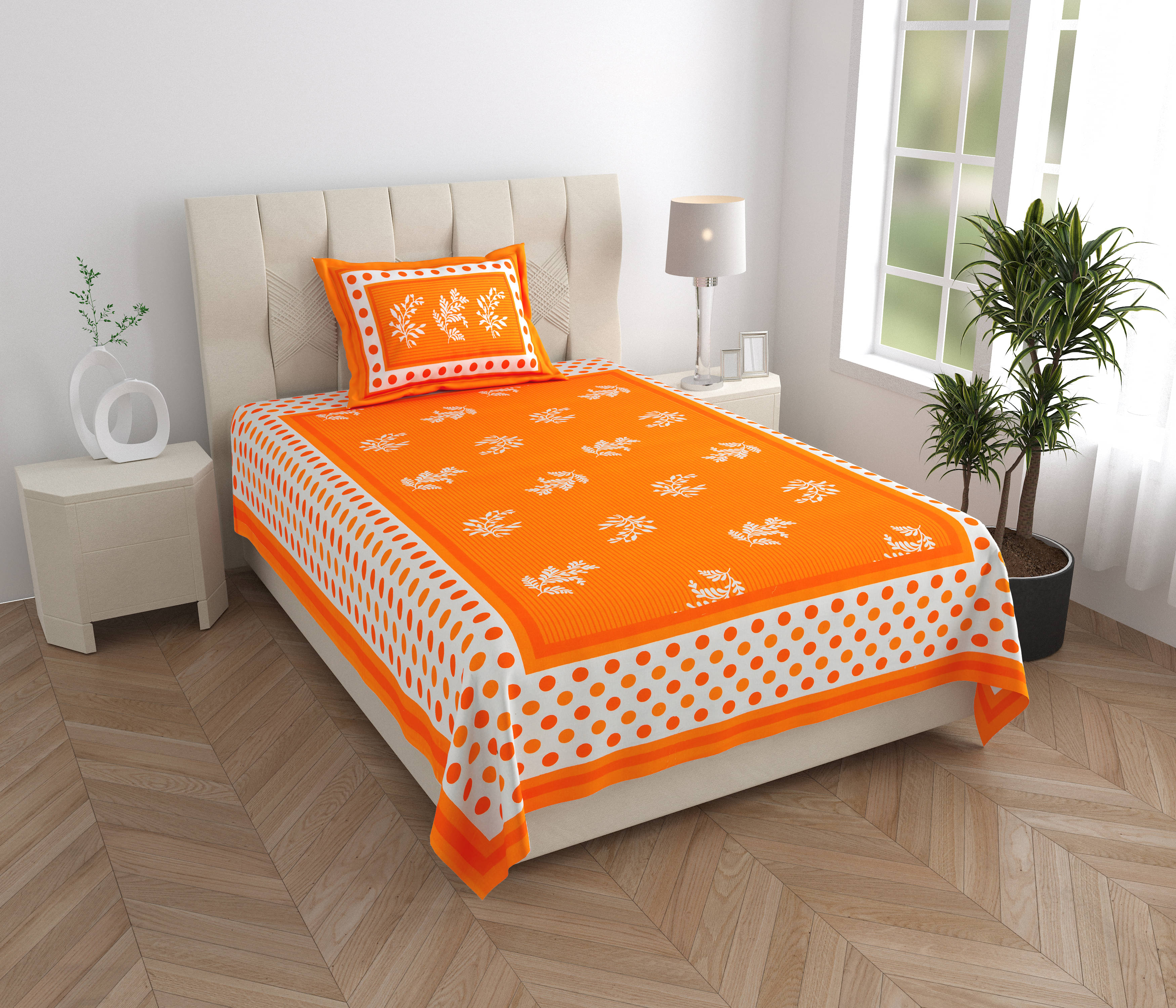     			COZYKO Cotton 1 Single Bedsheet with 1 Pillow Cover ( Orange )