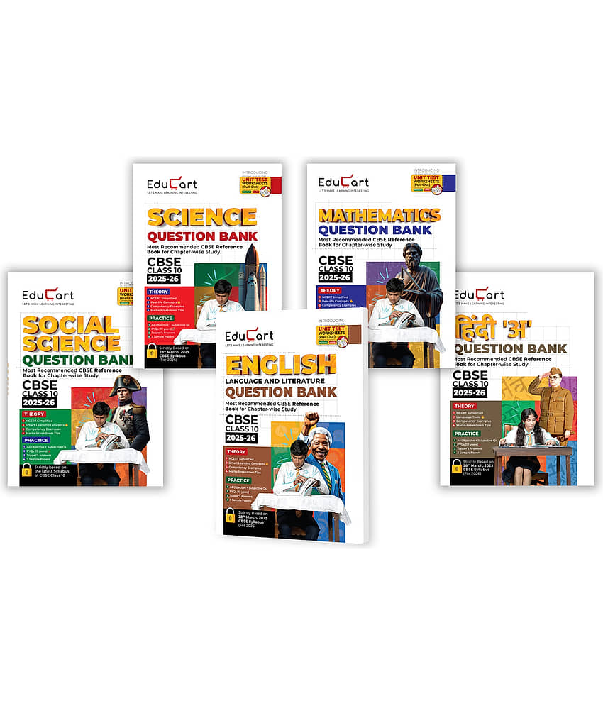 Educart CBSE Question Bank Class 10 Bundle - Science, Mathematics, Social Science, English and Hindi A on New Syllabus 2025-26 (Introducing Unit Test