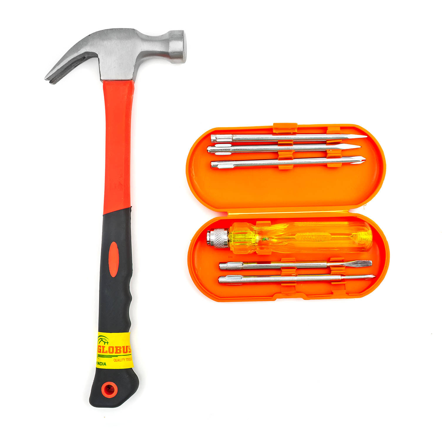 Globus1615-Curved Claw Hammer FIBER GLASS Handle & Rubber SHOCK PROOF Grip(0.40 kg) And SCREWDRIVER KIT Set/6 WITH TESTER IN BOX .     			Globus1615-Curved Claw Hammer FIBER GLASS Handle & Rubber SHOCK PROOF Grip(0.40 kg) And SCREWDRIVER KIT Set/6 WITH TESTER IN BOX .