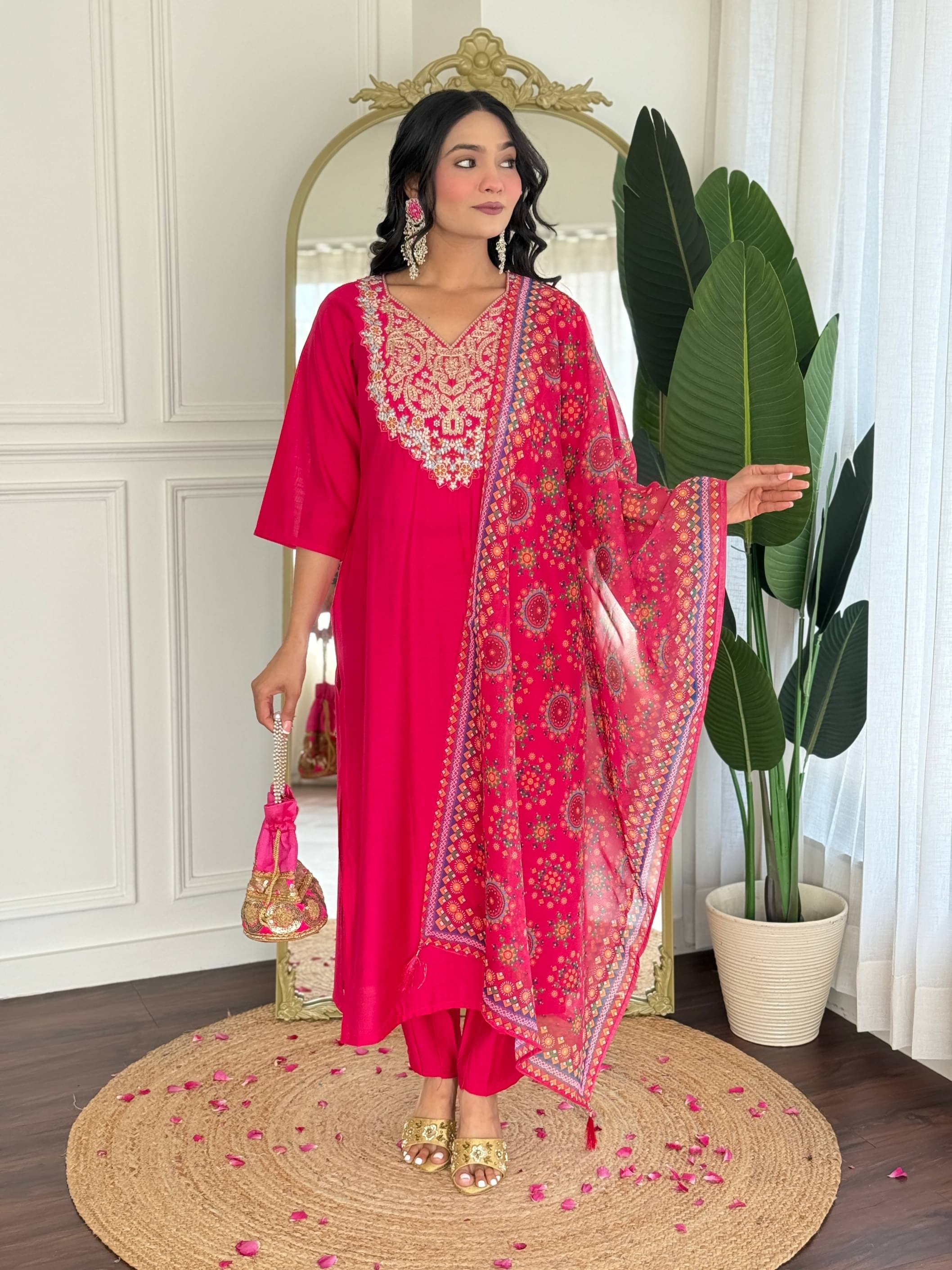     			Krisio Women Viscose Embroidered Straight Kurti With Pants ( Pink )