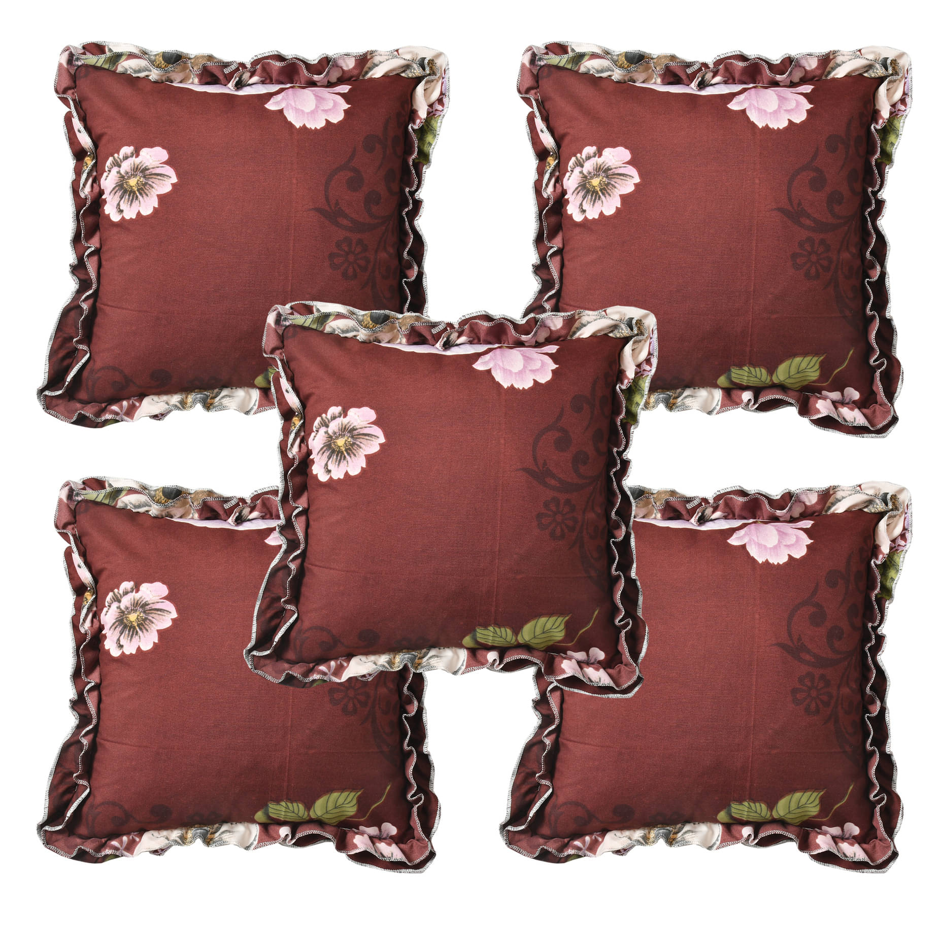Luxmi Cotton Fabrics Set of 5 Cotton Blend Floral Square Cushion Cover (40X40)cm - Brown Luxmi Cotton Fabrics Set of 5 Cotton Blend Floral Square Cushion Cover (40X40)cm - Brown