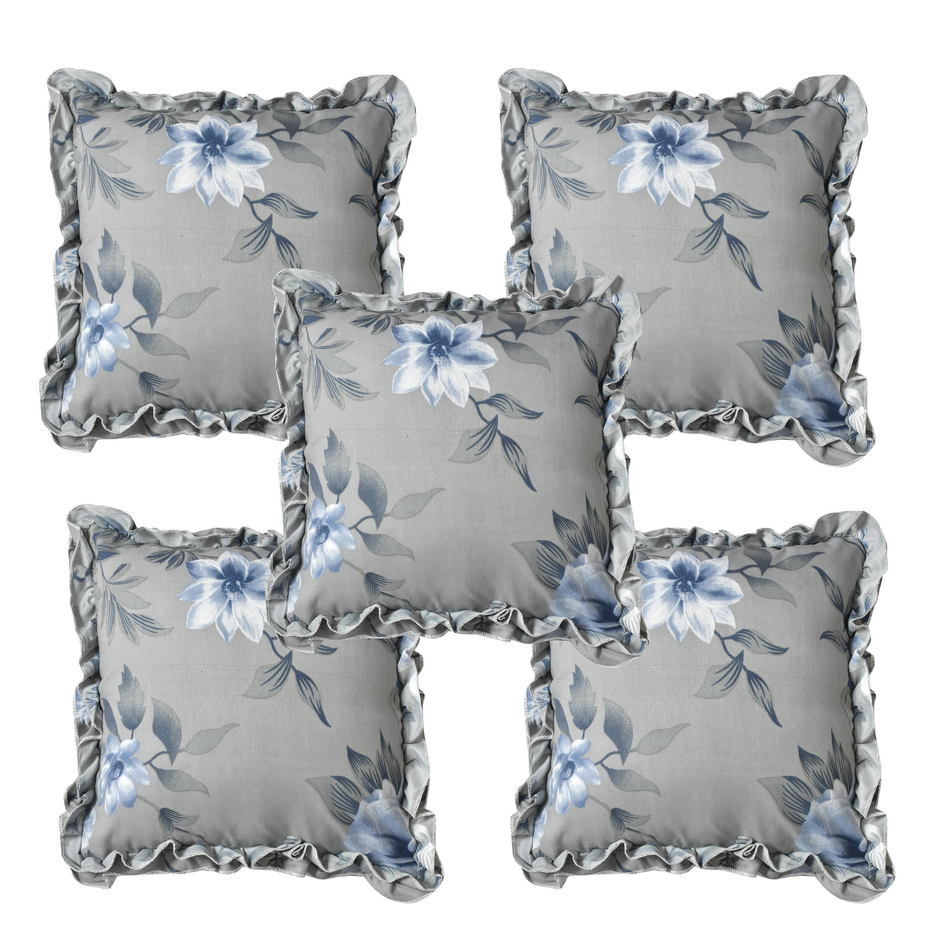    			Luxmi Cotton Fabrics Set of 5 Cotton Blend Floral Square Cushion Cover (40X40)cm - Gray