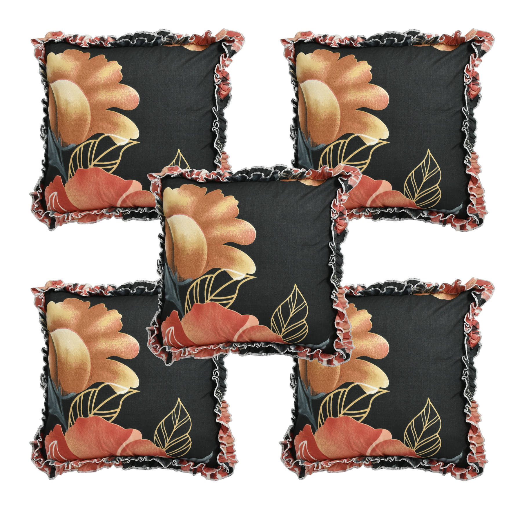 Luxmi Cotton Fabrics Set of 5 Cotton Blend Floral Square Cushion Cover (40X40)cm - Black Luxmi Cotton Fabrics Set of 5 Cotton Blend Floral Square Cushion Cover (40X40)cm - Black