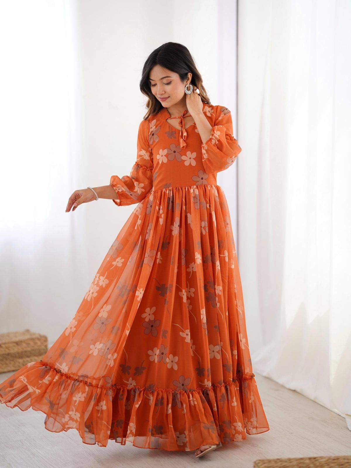 Mahek Fashion Women Georgette Flared Stitched Ethnic Gown ( Rust ) Mahek Fashion Women Georgette Flared Stitched Ethnic Gown ( Rust )