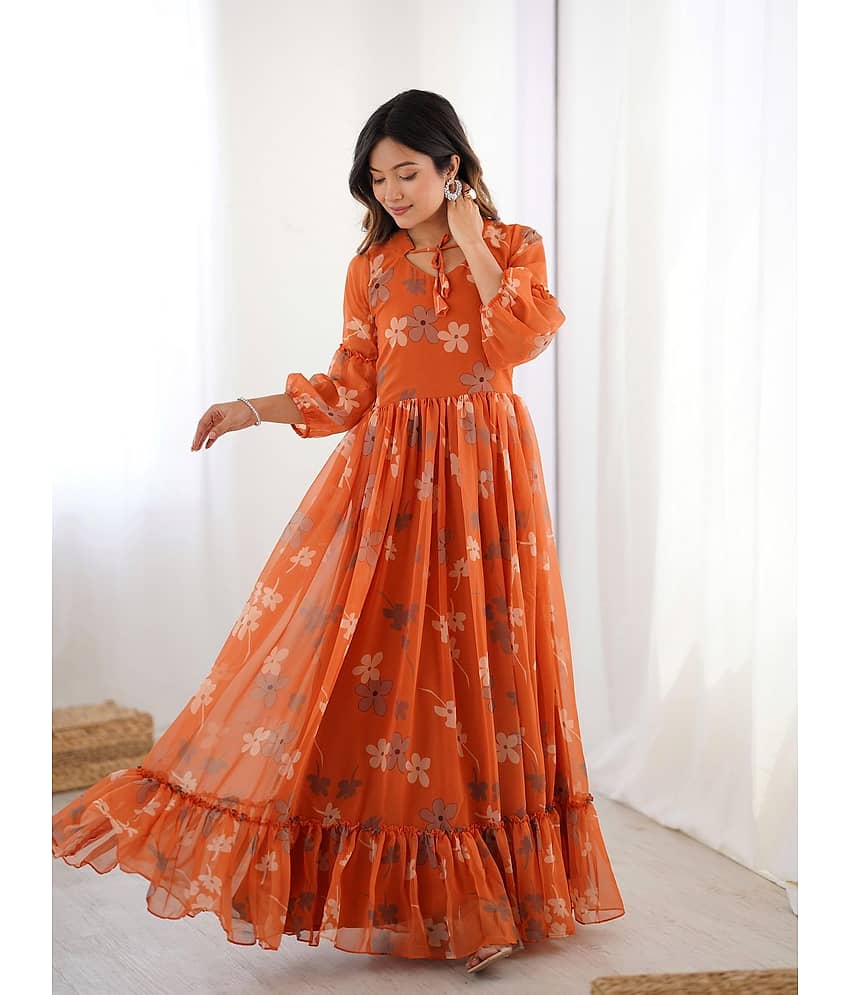 Mahek Fashion Women Georgette Flared Stitched Ethnic Gown ( Rust ) - Unstitched Fabrics | Buy online on ZillyBuy