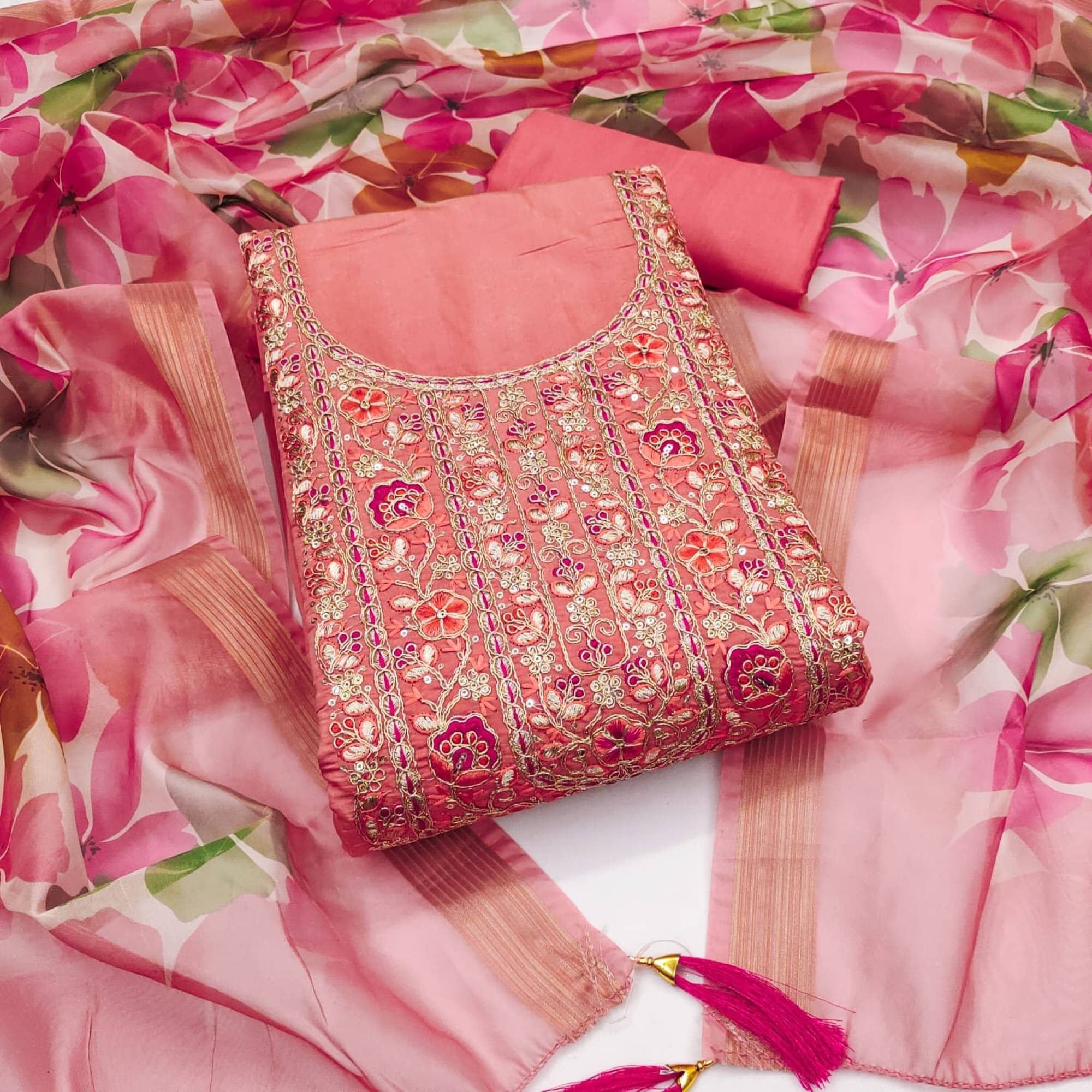 PANZORA Women Chanderi Unstitched Dress Material ( Peach ) PANZORA Women Chanderi Unstitched Dress Material ( Peach )