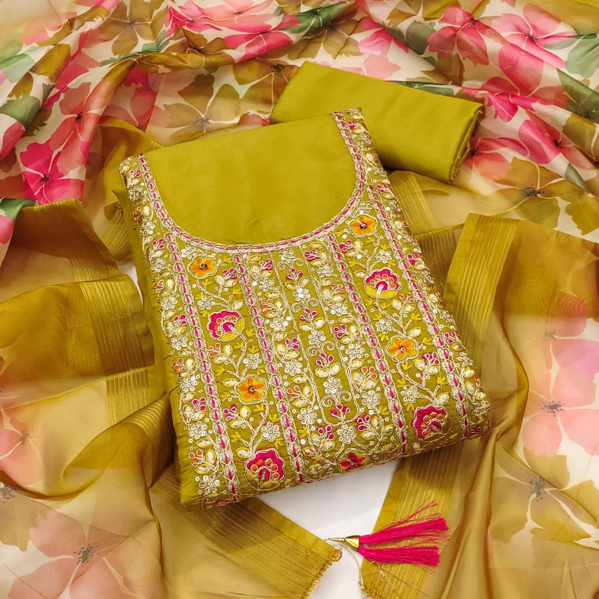 PANZORA Women Chanderi Unstitched Dress Material ( Mustard ) PANZORA Women Chanderi Unstitched Dress Material ( Mustard )