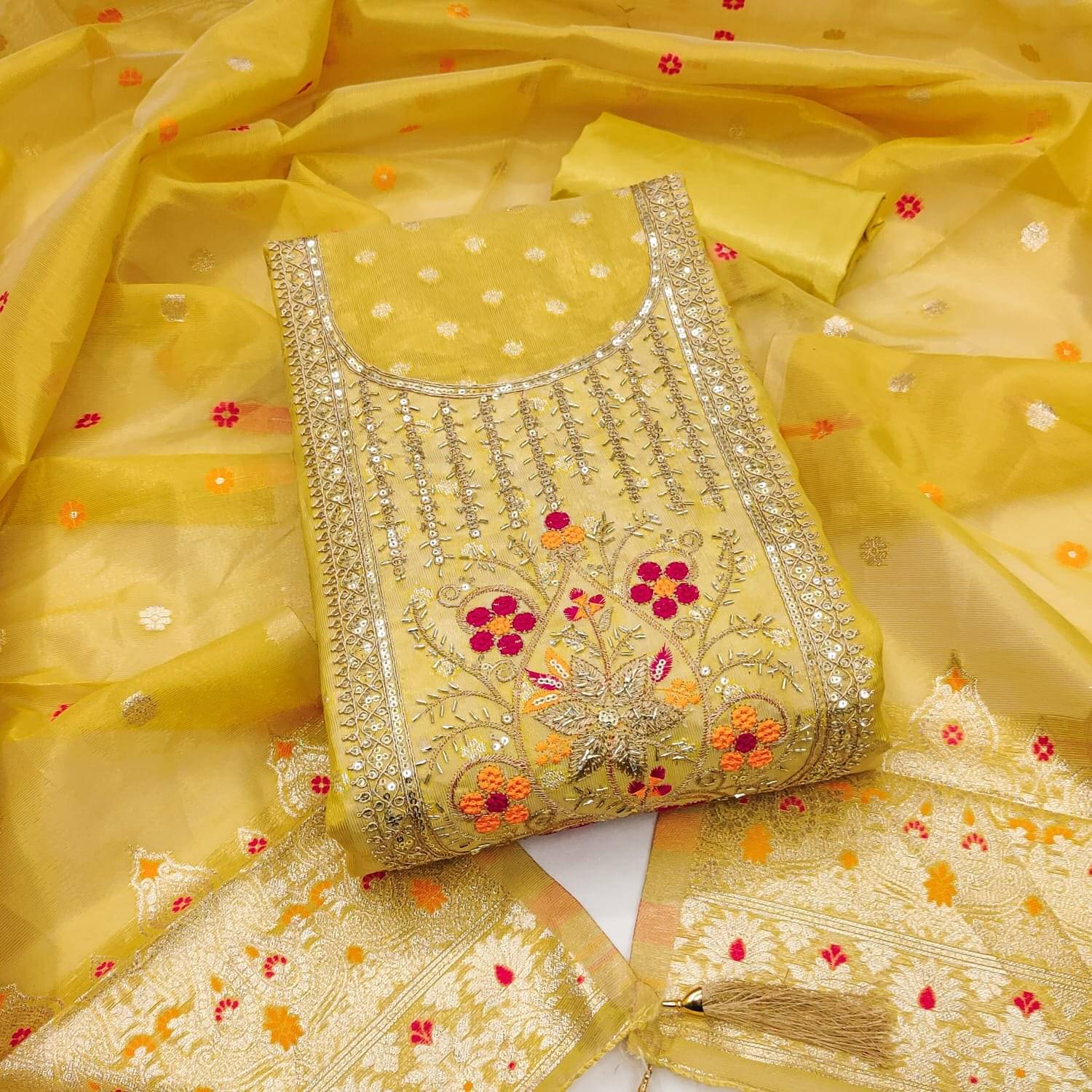     			PANZORA Women Shimmer Unstitched Dress Material ( Yellow )