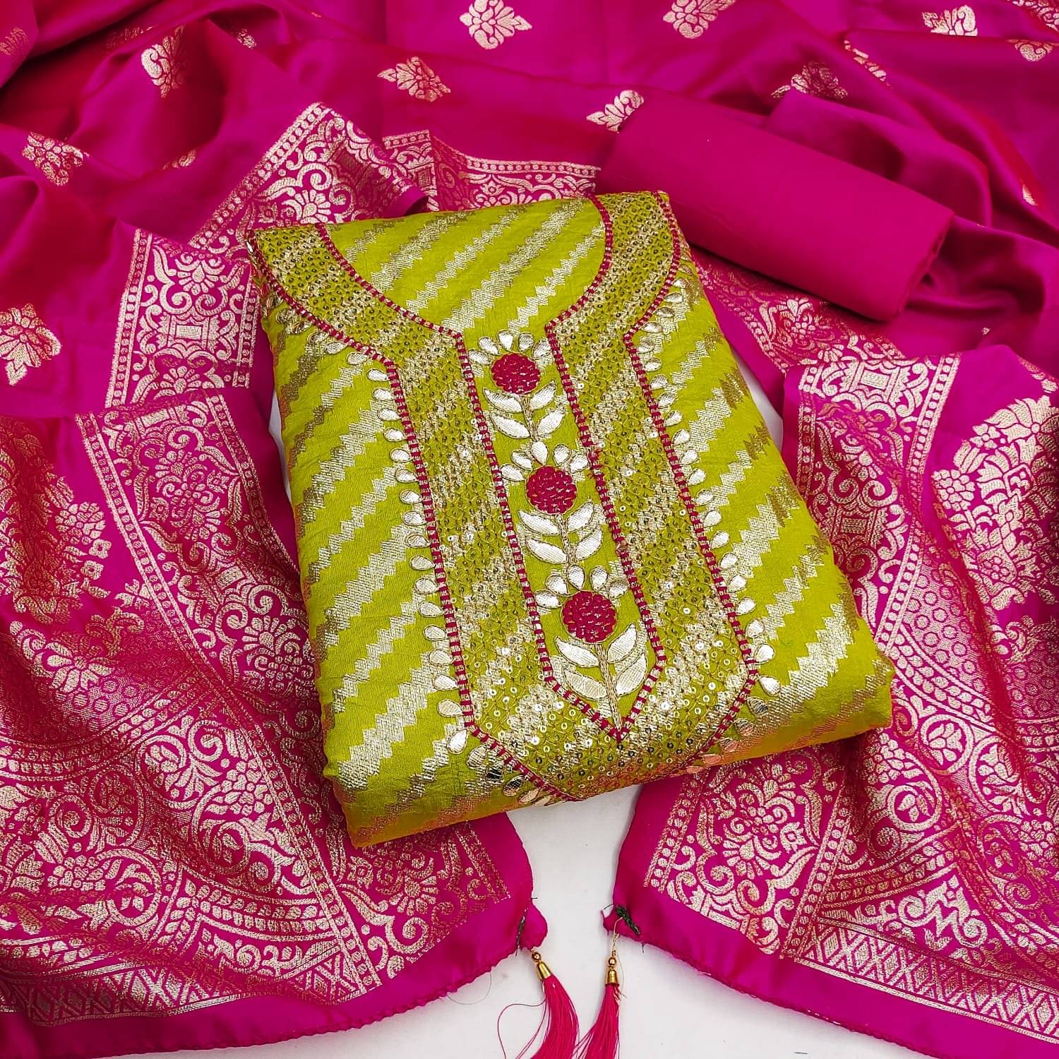    			PANZORA Women Shimmer Unstitched Dress Material ( Lime Green )