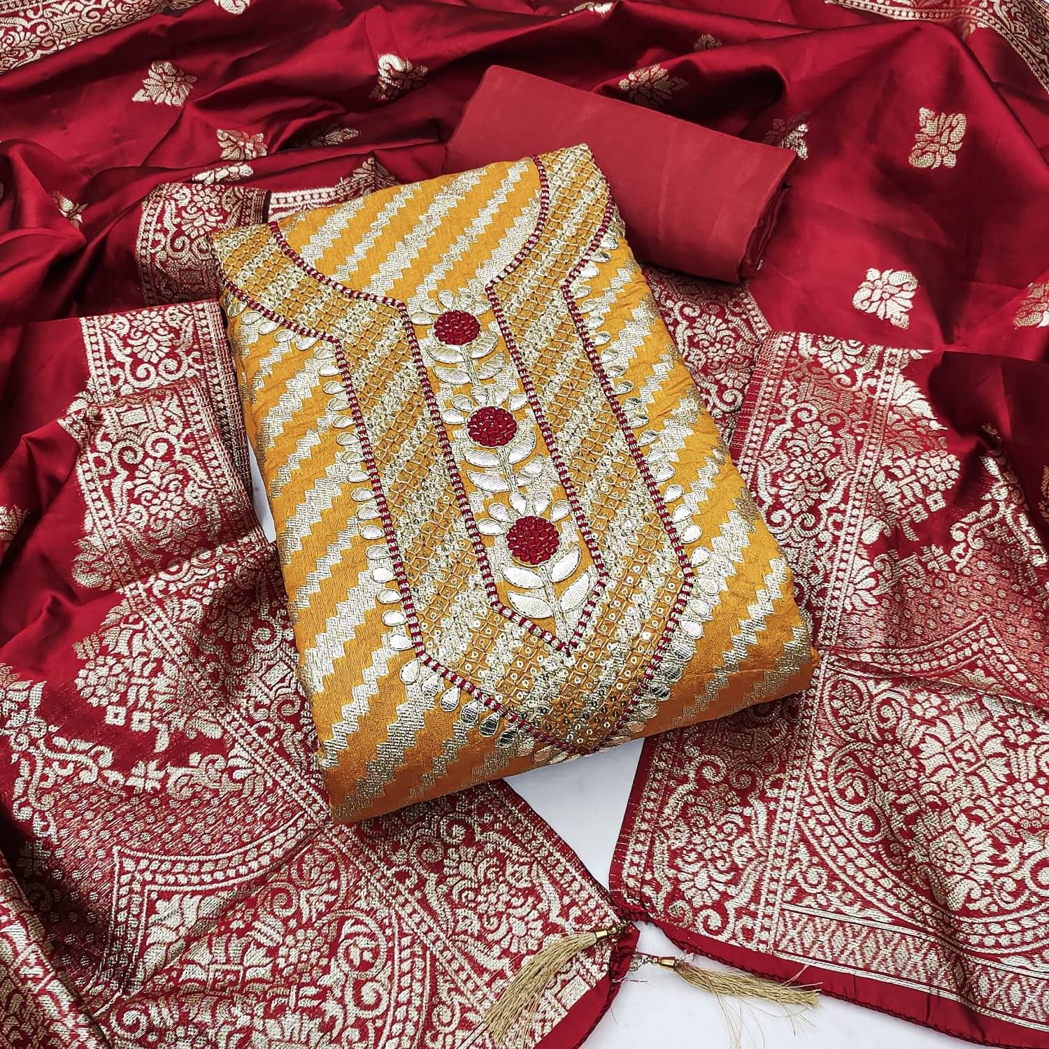     			Panbai sarees Women Shimmer Unstitched Dress Material ( Mustard )