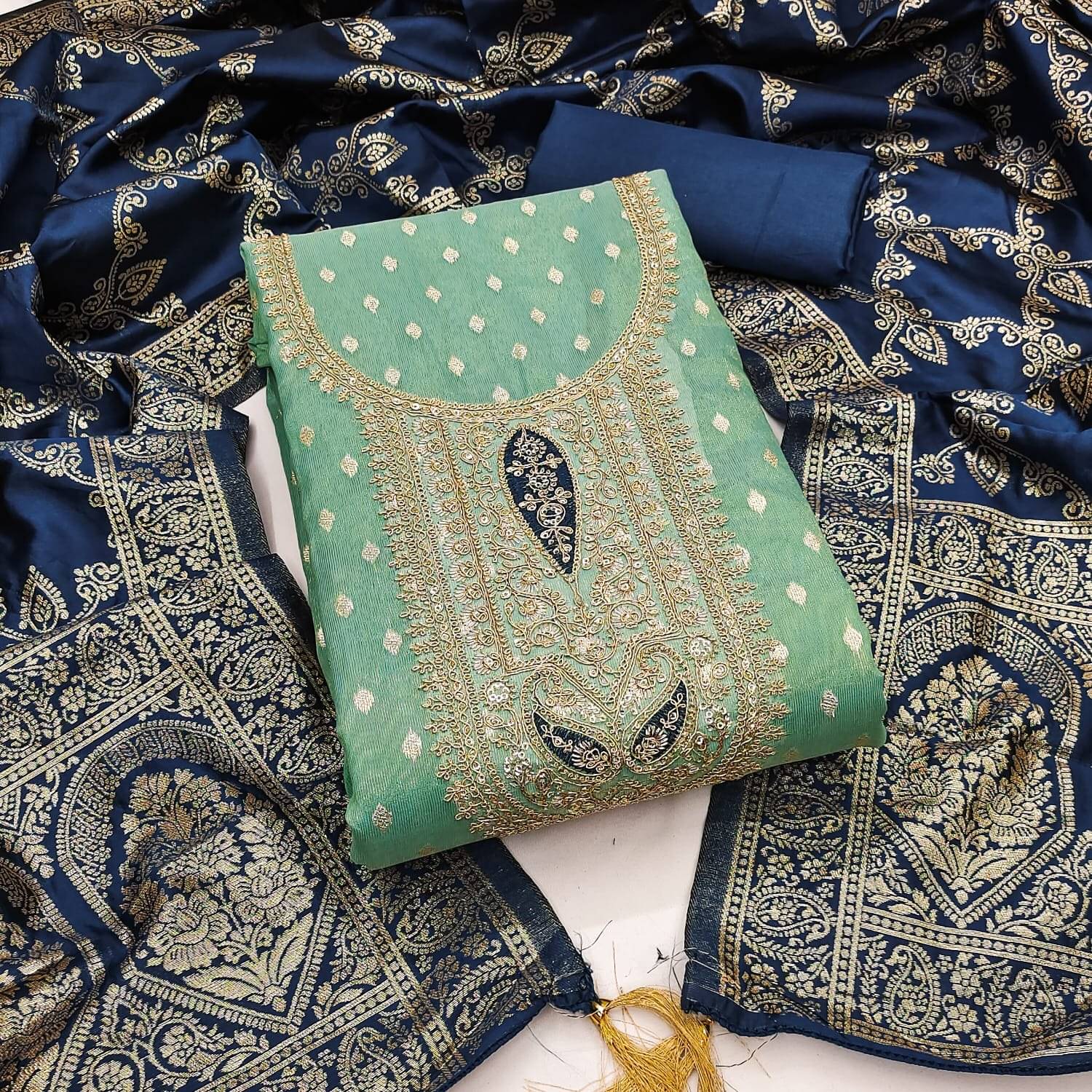     			Panbai sarees Women Shimmer Unstitched Dress Material ( Sea Green )