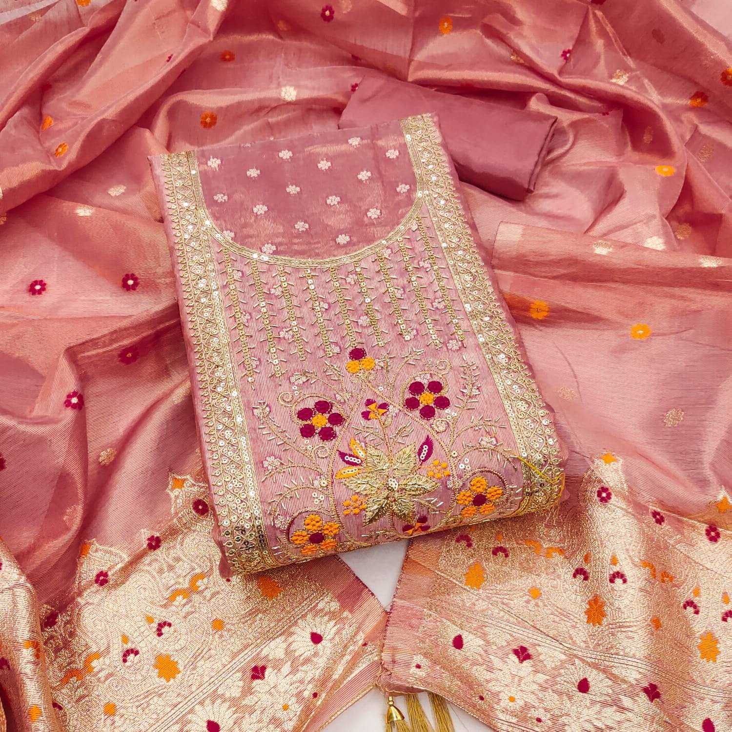     			Panbai sarees Women Shimmer Unstitched Dress Material ( Peach )