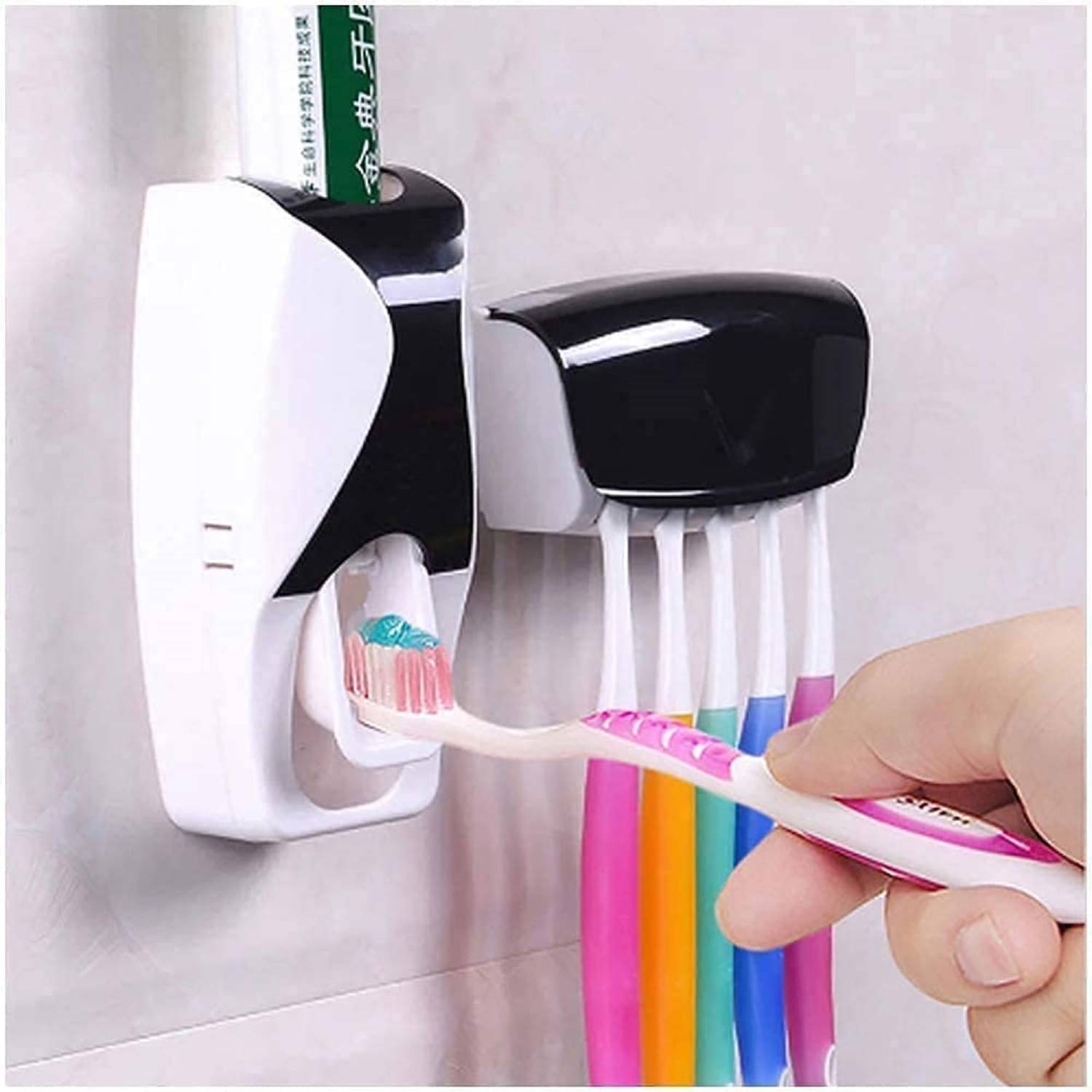     			Plastic Toothbrush Holder with Cover Automatic Toothpaste Dispenser Set Dustproof with 3M Sticky Suction Pad Wall Mounted Kids Hands Toothpaste Squeezer