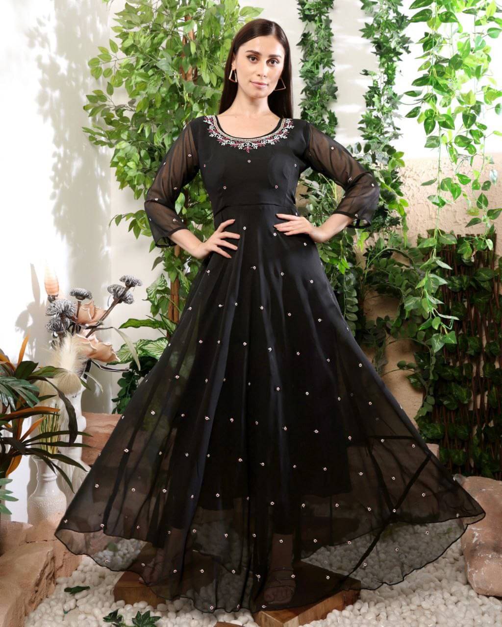 Trandtide Women Georgette Anarkali Stitched Ethnic Gown With Dupatta ( Black ) Trandtide Women Georgette Anarkali Stitched Ethnic Gown With Dupatta ( Black )