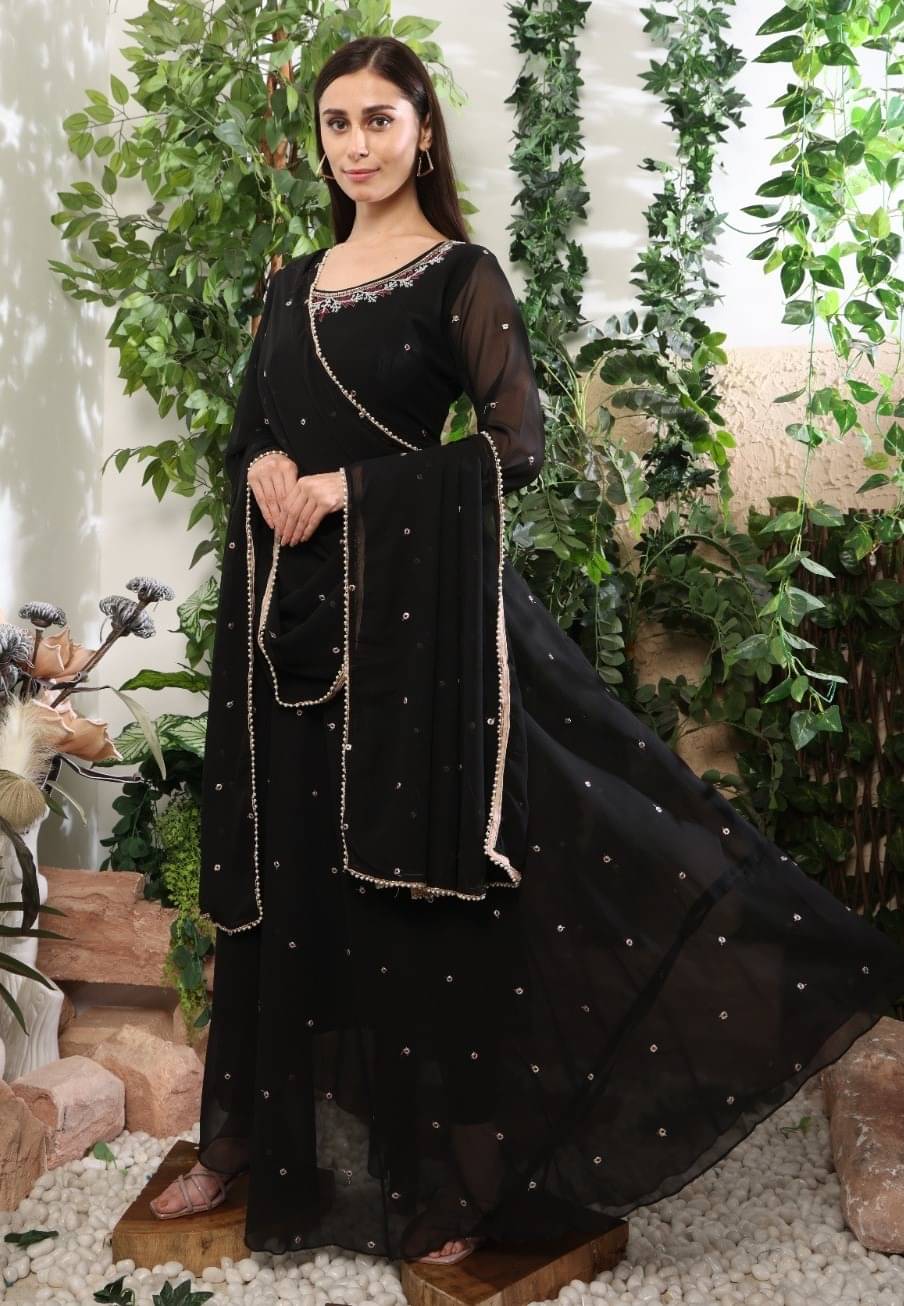 Trandtide Women Georgette Anarkali Stitched Ethnic Gown With Dupatta ( Black ) Trandtide Women Georgette Anarkali Stitched Ethnic Gown With Dupatta ( Black )
