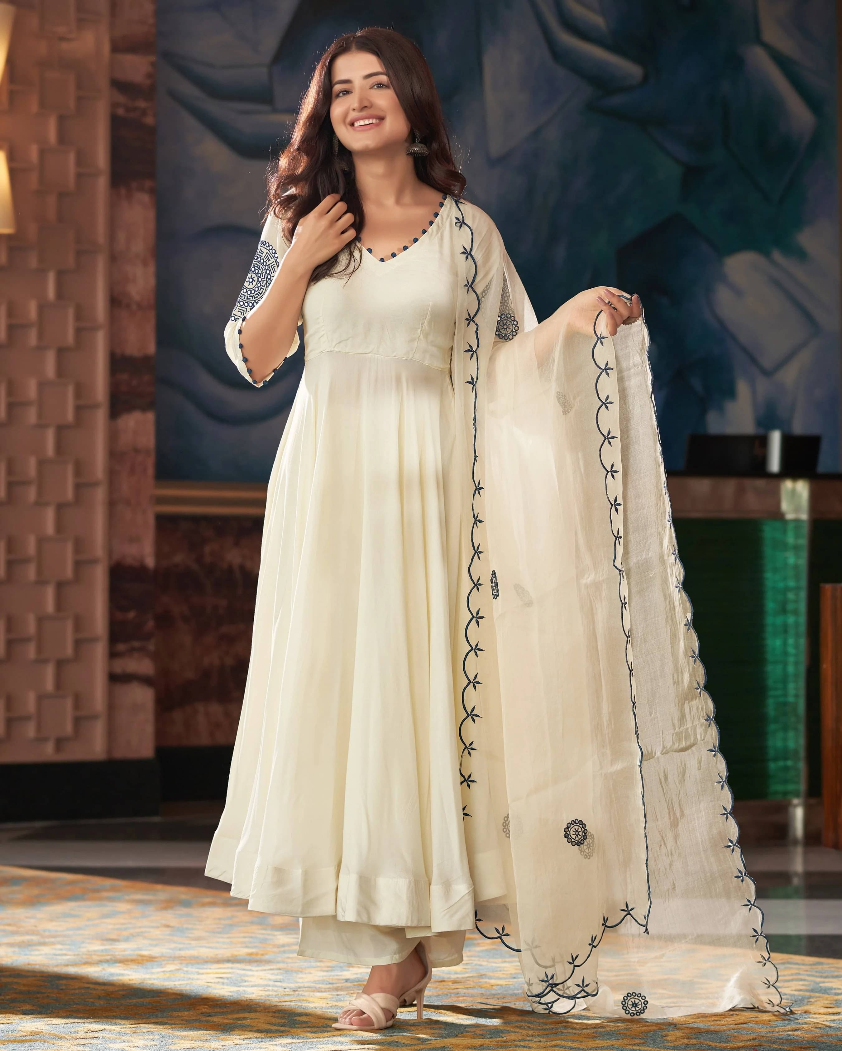     			Vaidehi Fashion Women Silk Blend Embroidered Anarkali Kurti With Harems Pants ( Cream )