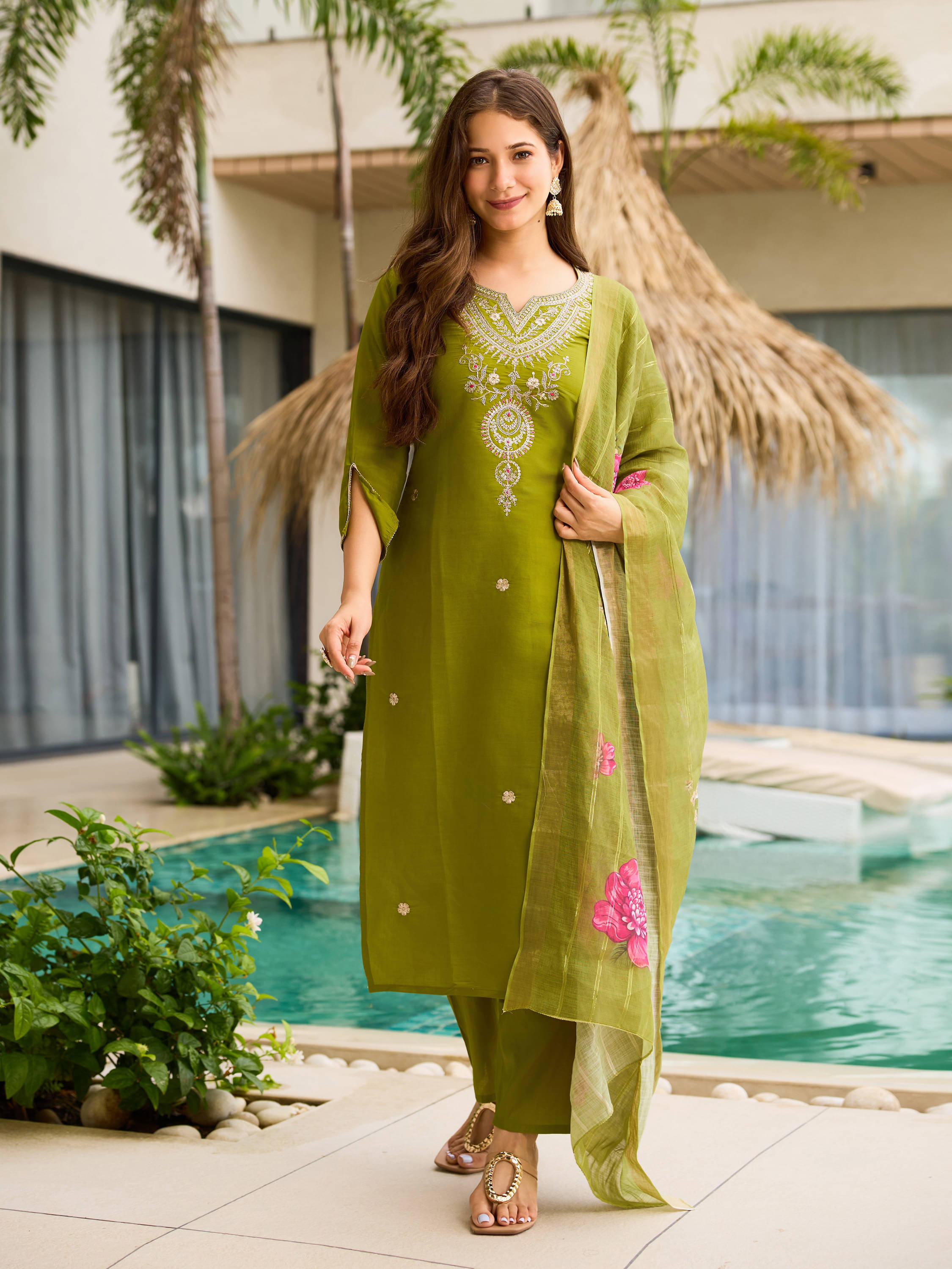     			Vaidehi Fashion Women Viscose Embroidered Straight Kurti With Harems Pants ( Lime Green )