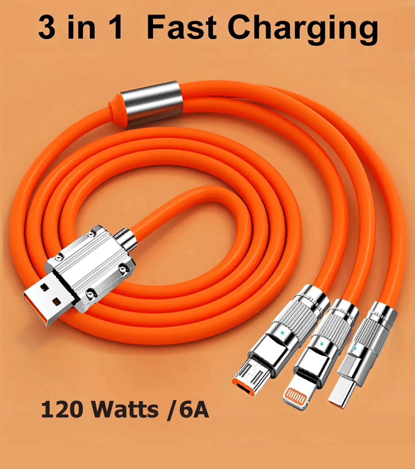     			3 in 1 Fast Charging Cable,Portable 120W Charger Cord/Wire Compatible with iOS,Type-C,Micro Phones,Car/Travel 6A Retractable Zinc Alloy
