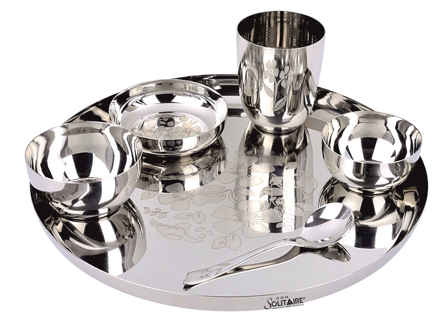     			CDM SOLITAIRE Rajbhog Dinner set 6 Pcs Laser Printed Stainless Steel Dinner Set ( Pack of 1 ) Silver