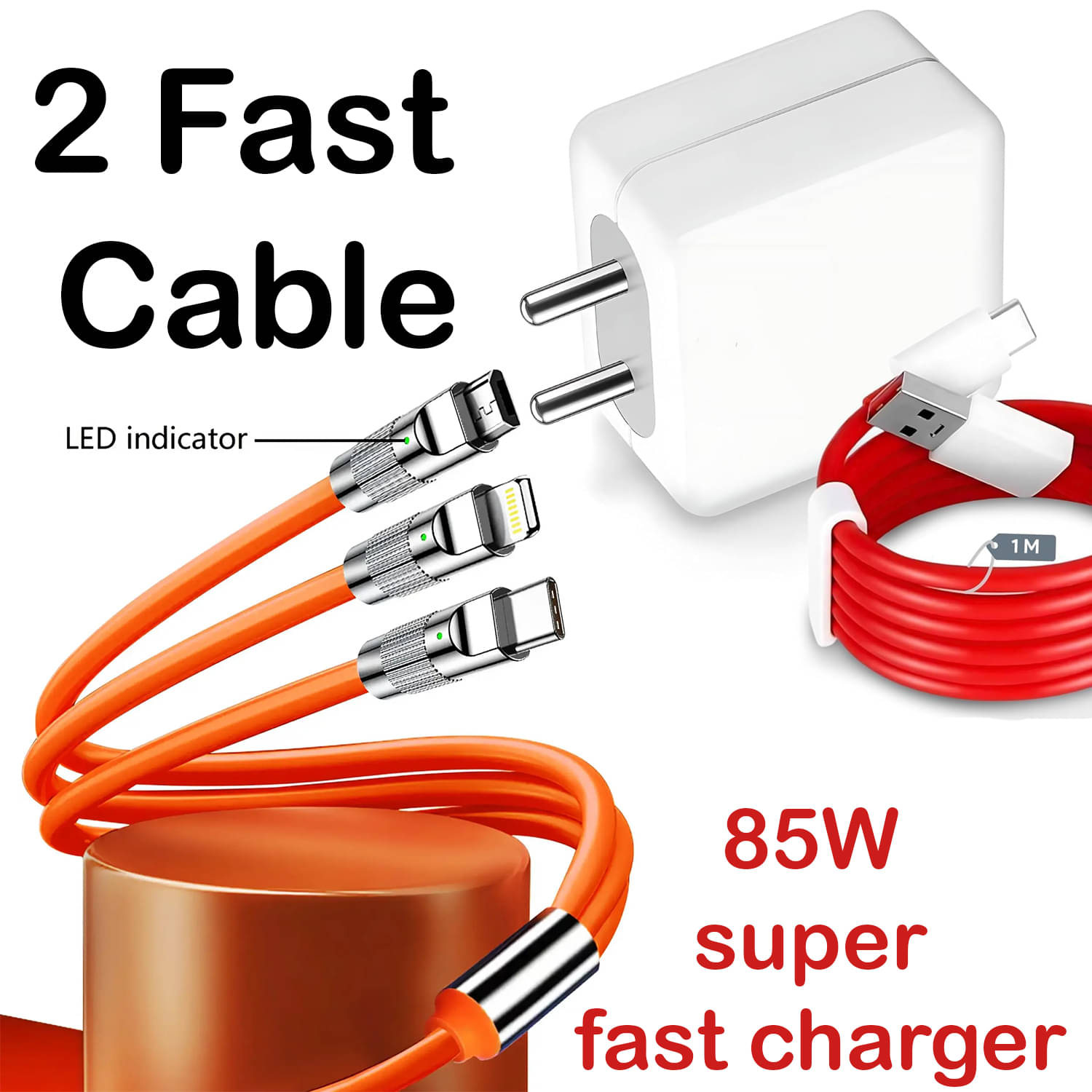     			COMBO Universal 85W Power Adapter – Fast Charger with Type-C, Micro USB & Lightning Cable