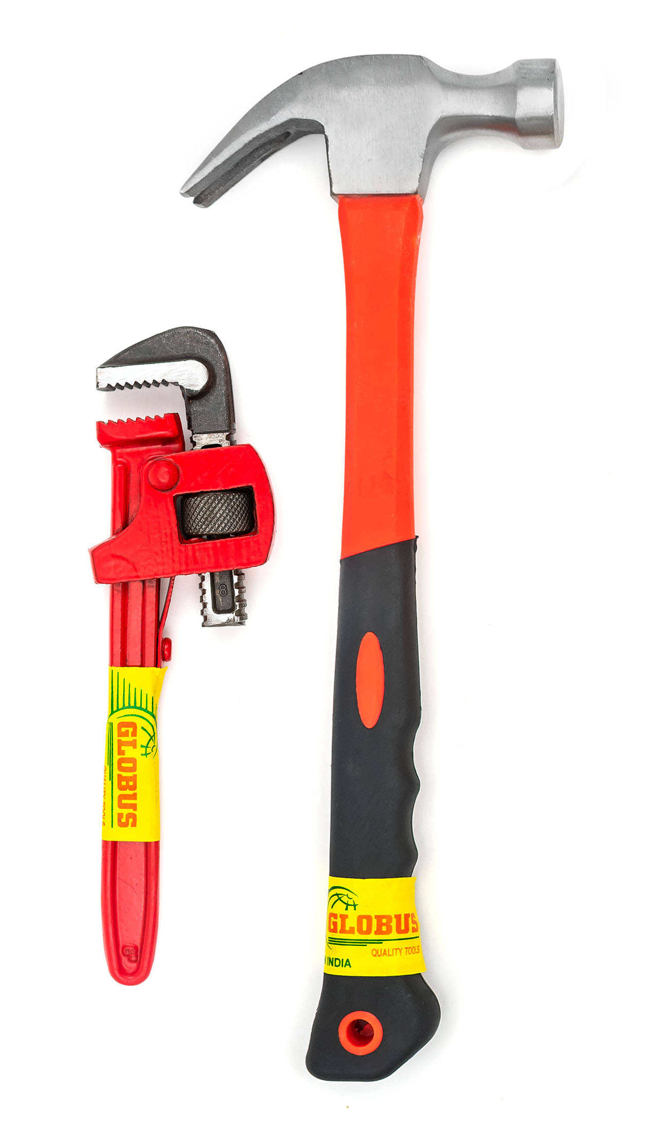 Globus 1612-Curved Claw Hammer with FIBER GLASS Handle and Rubber SHOCK PROOF Grip (0.40 kg) & STILLSON PIPE WRENCH/SPANNER. ADJUSTABLE 8''(200 mm).     			Globus 1612-Curved Claw Hammer with FIBER GLASS Handle and Rubber SHOCK PROOF Grip (0.40 kg) & STILLSON PIPE WRENCH/SPANNER. ADJUSTABLE 8''(200 mm).