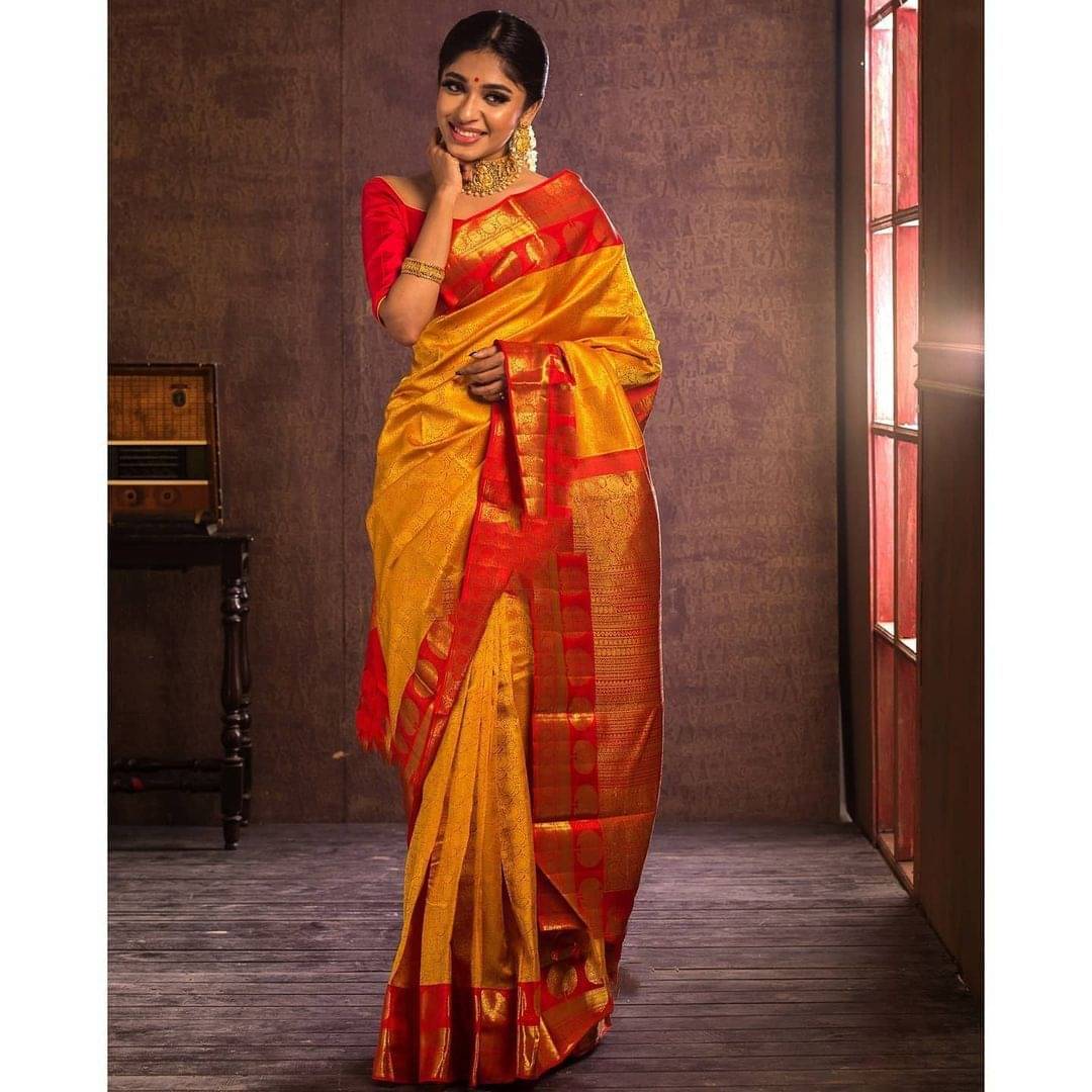 INDIAN SILKS Silk Blend Printed Banarasi saree With Unstitched Blouse Piece ( Yellow ) INDIAN SILKS Silk Blend Printed Banarasi saree With Unstitched Blouse Piece ( Yellow )