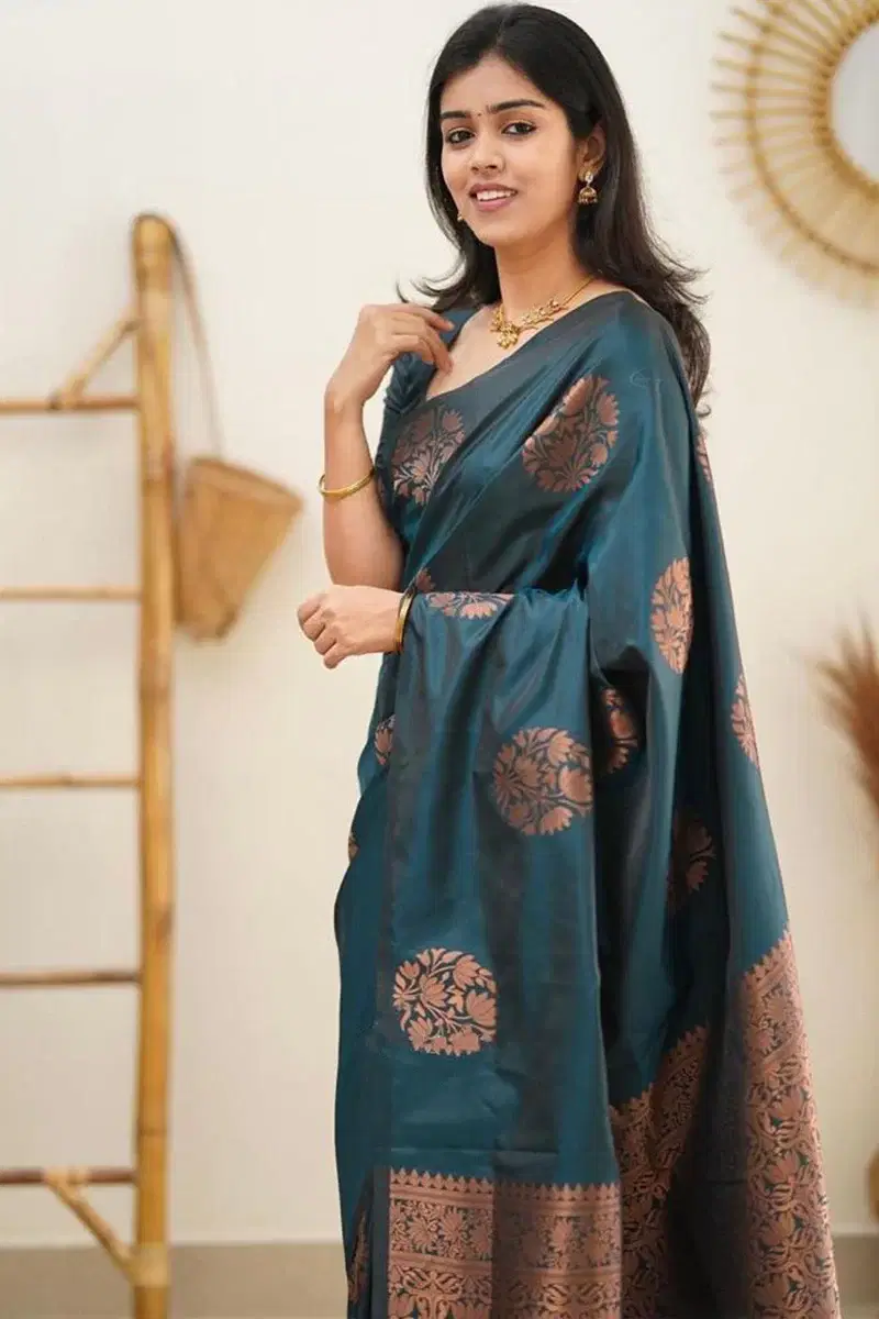     			INDIAN SILKS Silk Blend Printed Banarasi saree With Unstitched Blouse Piece ( Teal )