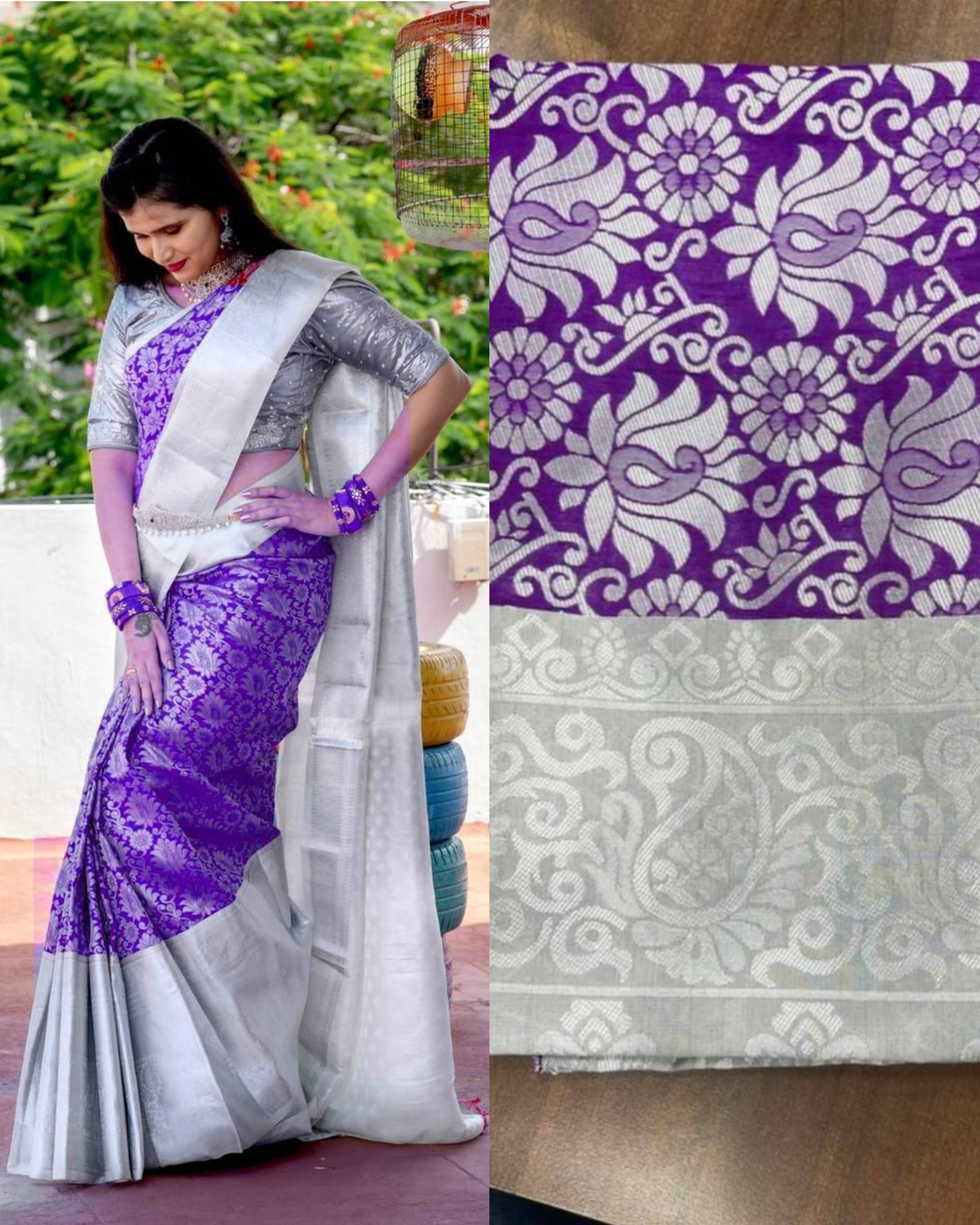 INDIAN SILKS Silk Blend Printed Banarasi saree With Unstitched Blouse Piece ( Purple ) INDIAN SILKS Silk Blend Printed Banarasi saree With Unstitched Blouse Piece ( Purple )