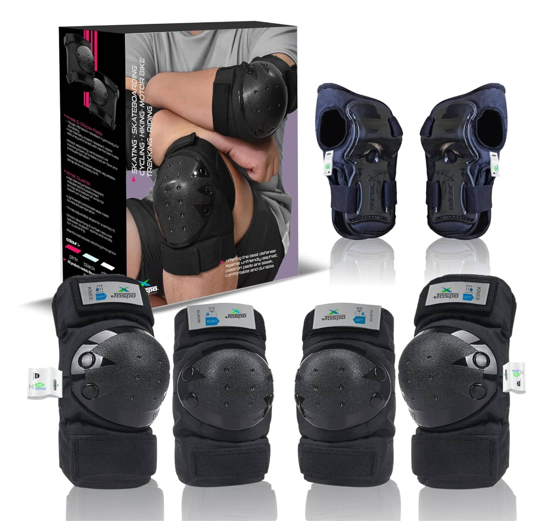     			Jaspo Plastron Saver 3 Professional Protective Set (Knee/Elbow/Wrist Guard) Multi Purpose Safety Kit for Skateboarding, Roller Skating, Inline Skating, Cycling and Other Sports (Medium, Black)