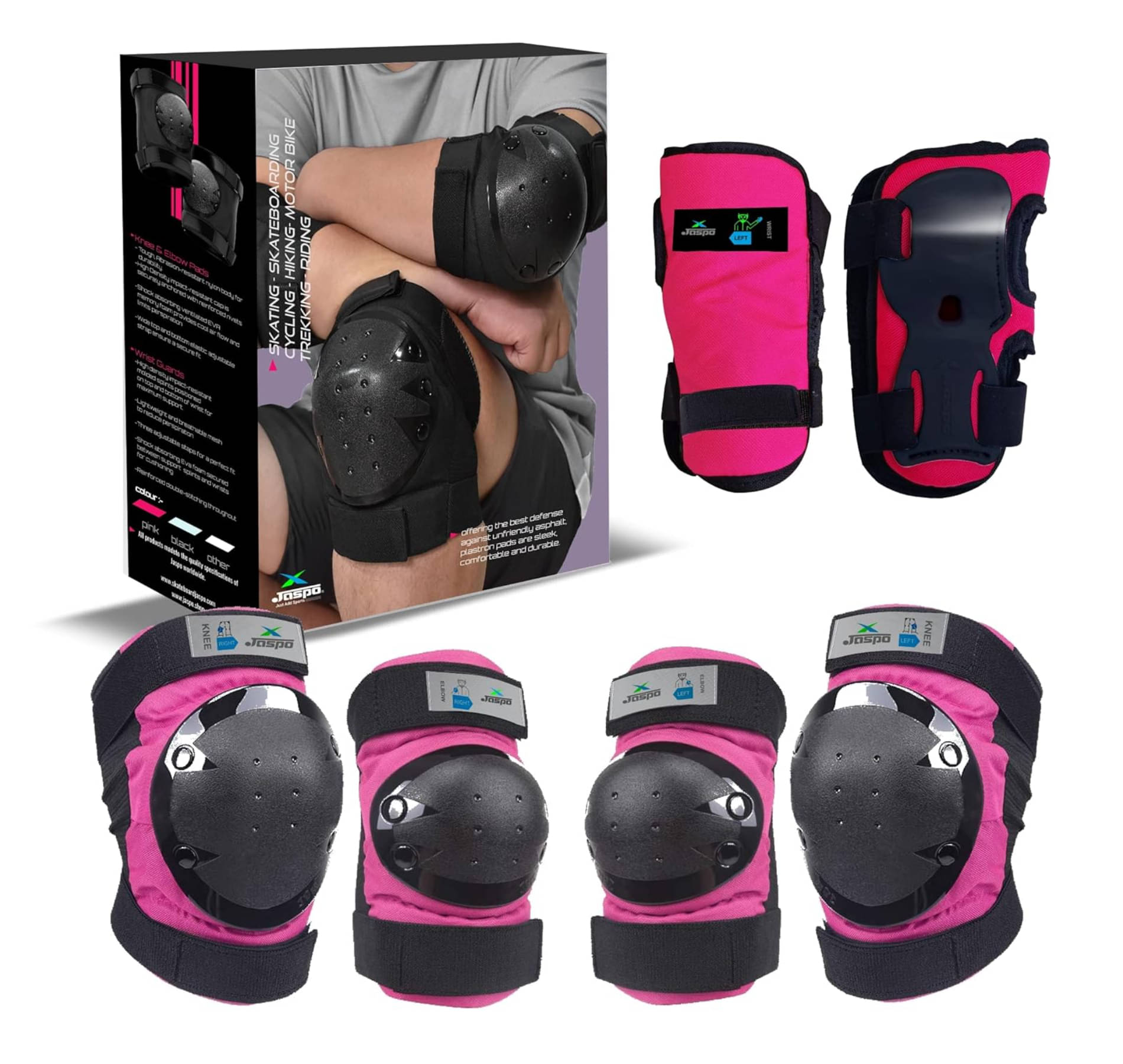     			Jaspo Plastron Saver 3 Professional Protective Set (Knee/Elbow/Wrist Guard) Multi Purpose Safety Kit for Skateboarding, Roller Skating, Inline Skating, Cycling and Other Sports (Large, Pink)