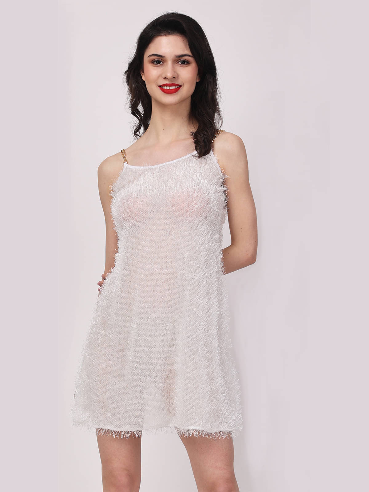 Lola Dola Women Polyester Self Design Skater Dress ( White )     			Lola Dola Women Polyester Self Design Skater Dress ( White )