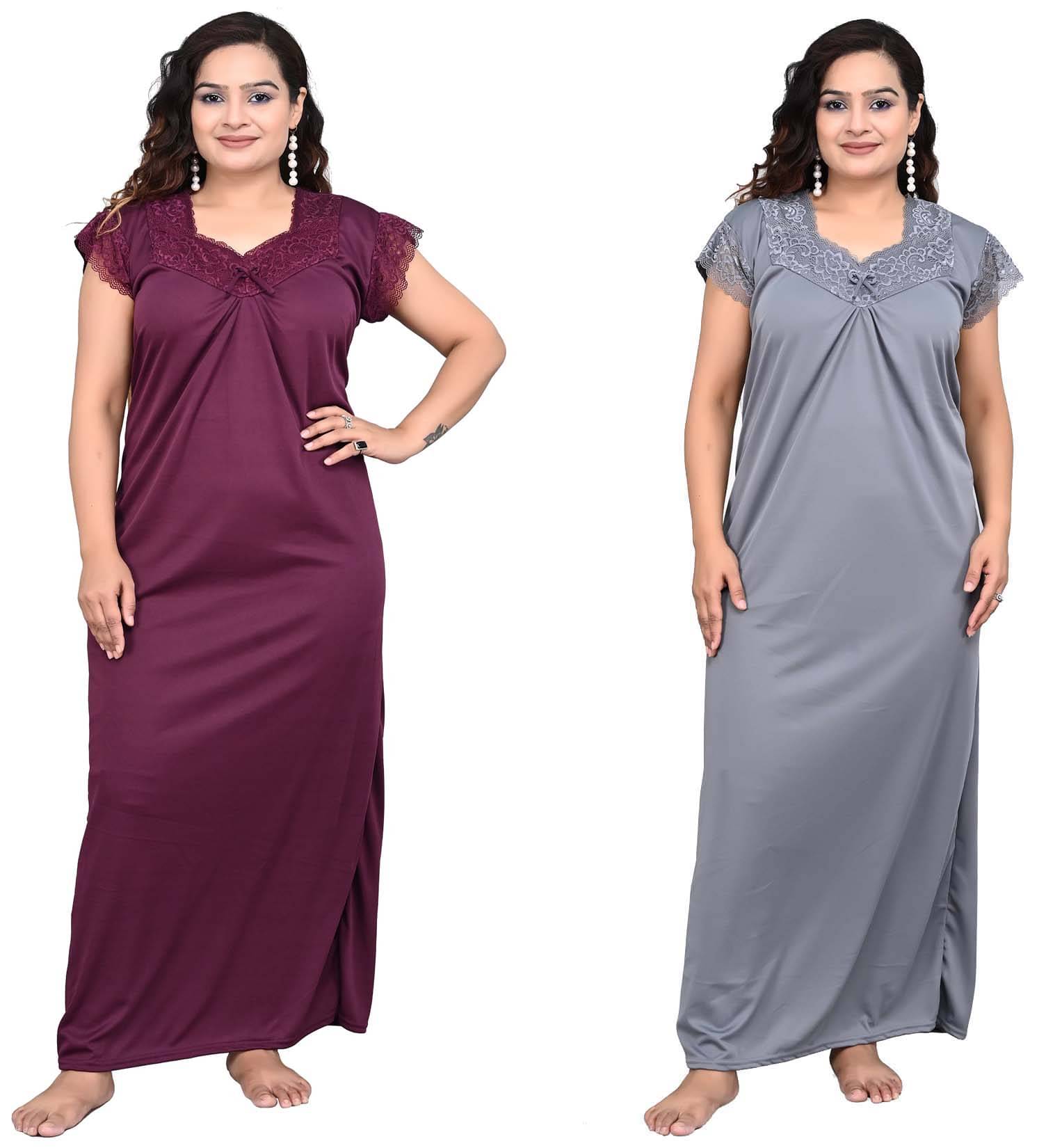     			MACGROW Satin Solid Women Regular Nighty ( Grey )