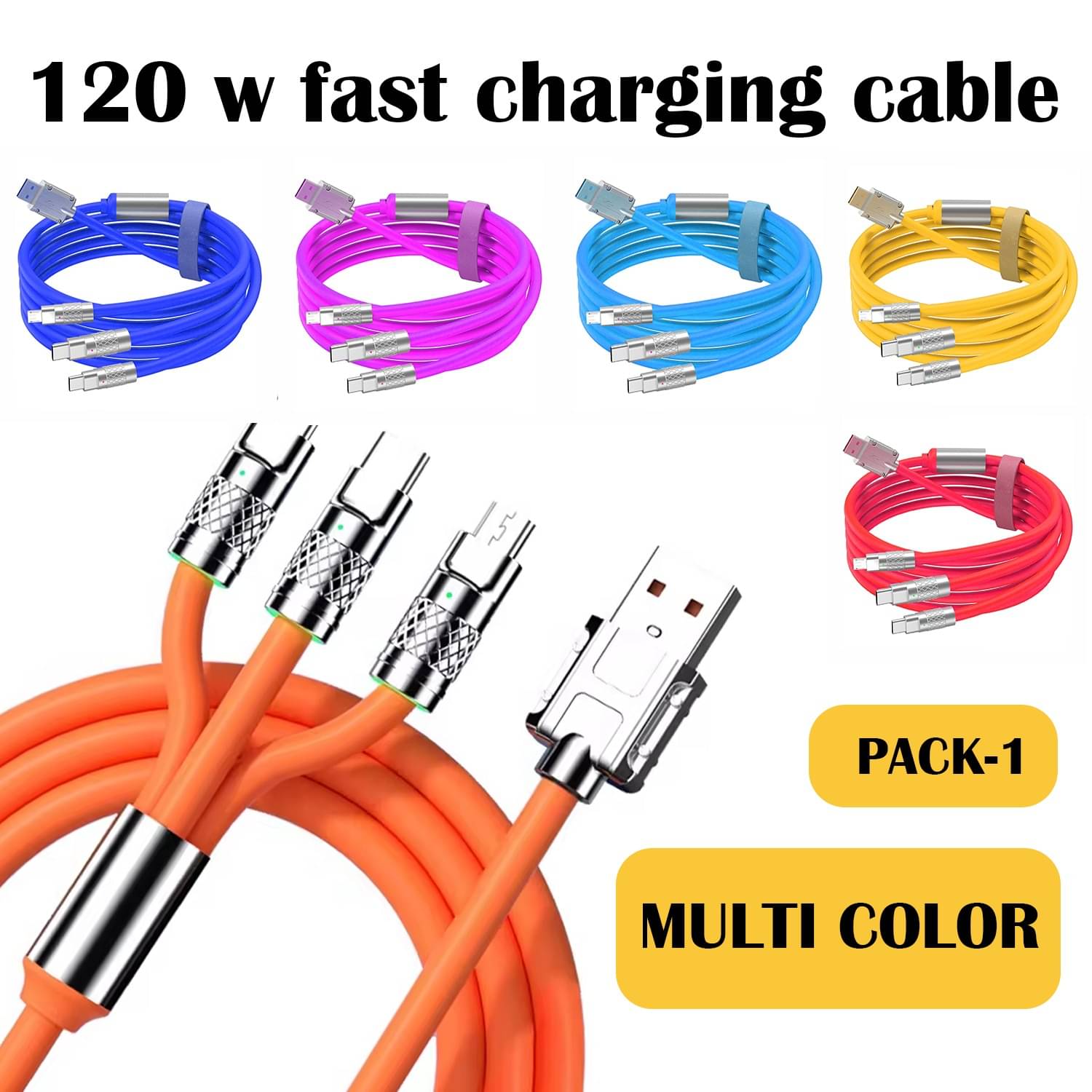     			Multicolor Multi-Device 3-in-1 Data Cable | 120W Fast Charger | USB-C & Micro USB