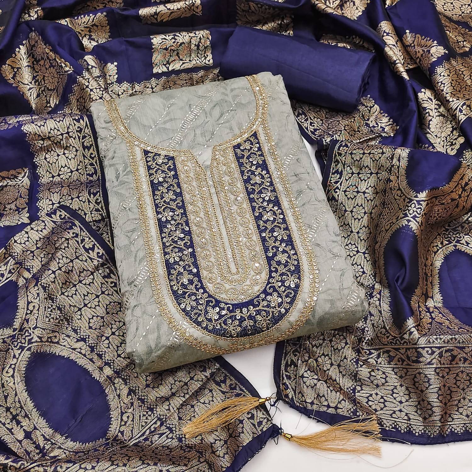 Panbai sarees Women Chanderi Unstitched Dress Material ( Grey )     			Panbai sarees Women Chanderi Unstitched Dress Material ( Grey )