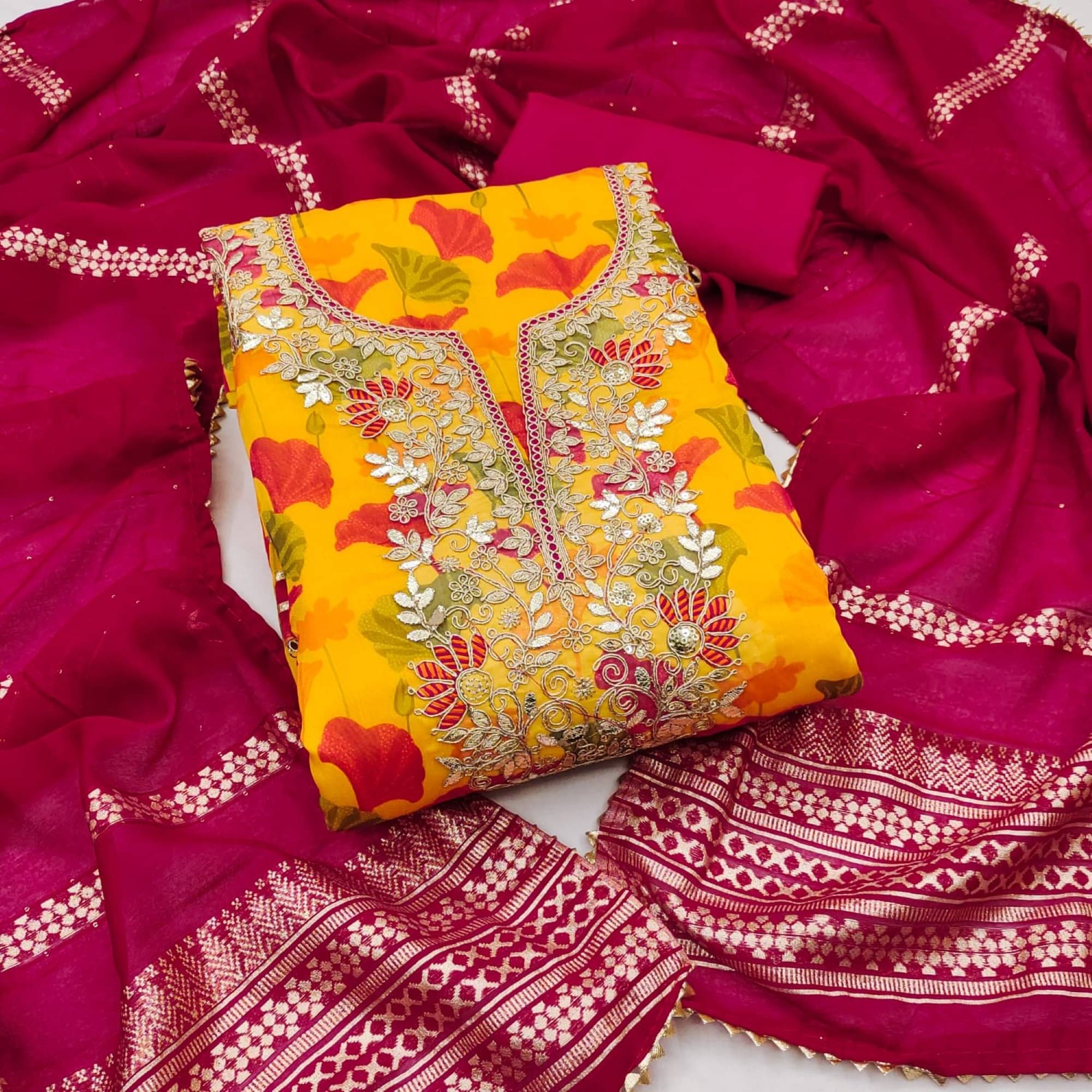     			Panbai sarees Women Chanderi Unstitched Dress Material ( Yellow )