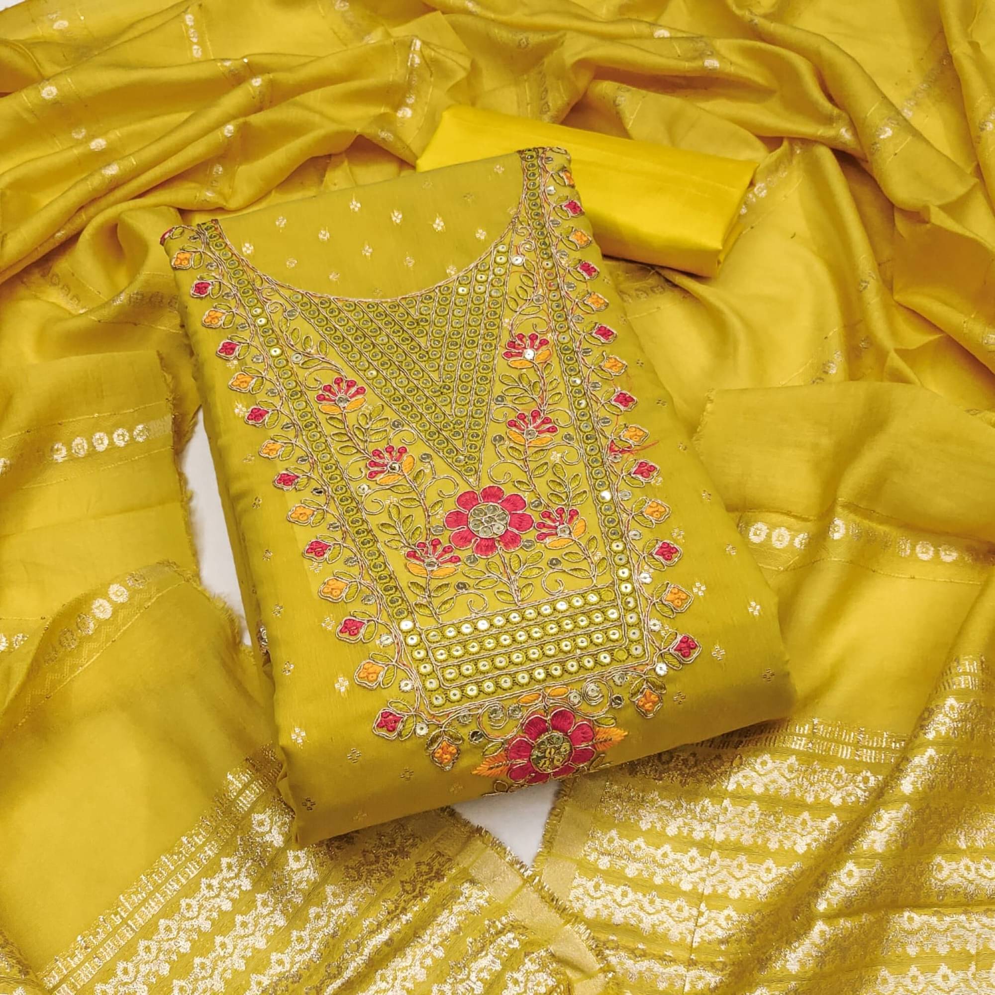 Panbai sarees Women Chanderi Unstitched Dress Material ( Yellow ) Panbai sarees Women Chanderi Unstitched Dress Material ( Yellow )