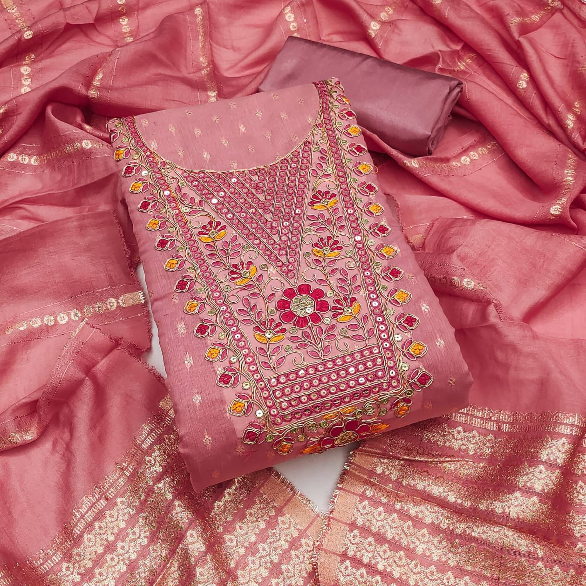 Panbai sarees Women Chanderi Unstitched Dress Material ( Pink ) Panbai sarees Women Chanderi Unstitched Dress Material ( Pink )