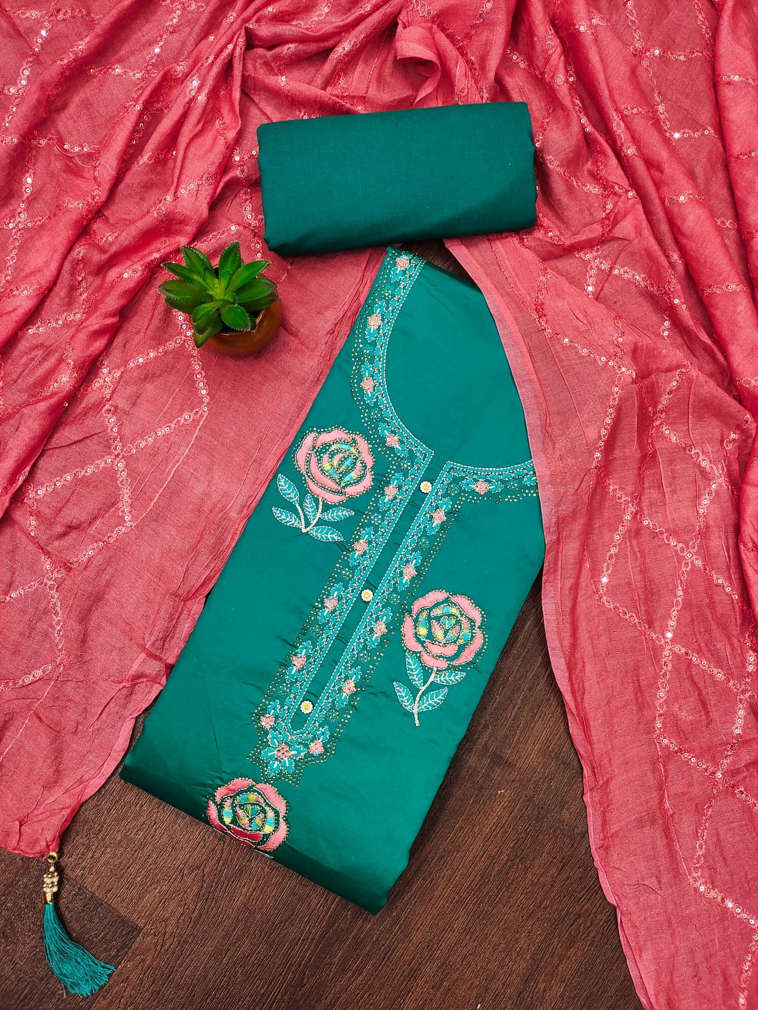 Panbai sarees Women Cotton Blend Unstitched Dress Material ( Teal ) Panbai sarees Women Cotton Blend Unstitched Dress Material ( Teal )