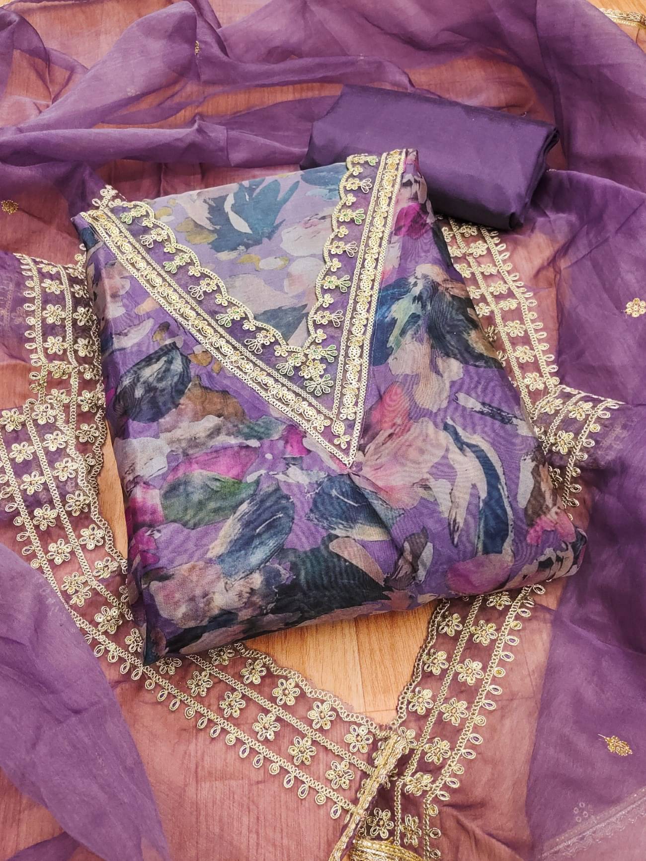 Panbai sarees Women Organza Unstitched Dress Material ( Purple ) Panbai sarees Women Organza Unstitched Dress Material ( Purple )