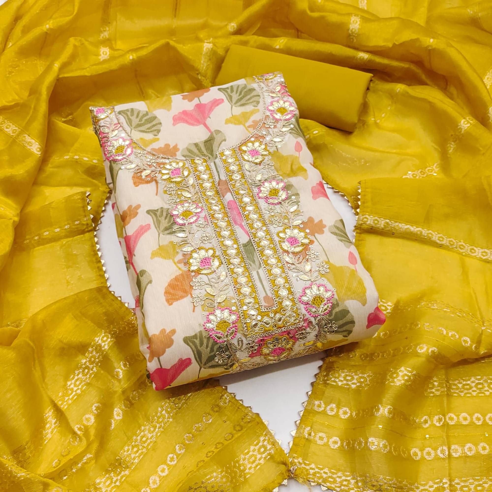     			Panbai sarees Women Shimmer Unstitched Dress Material ( Mustard )