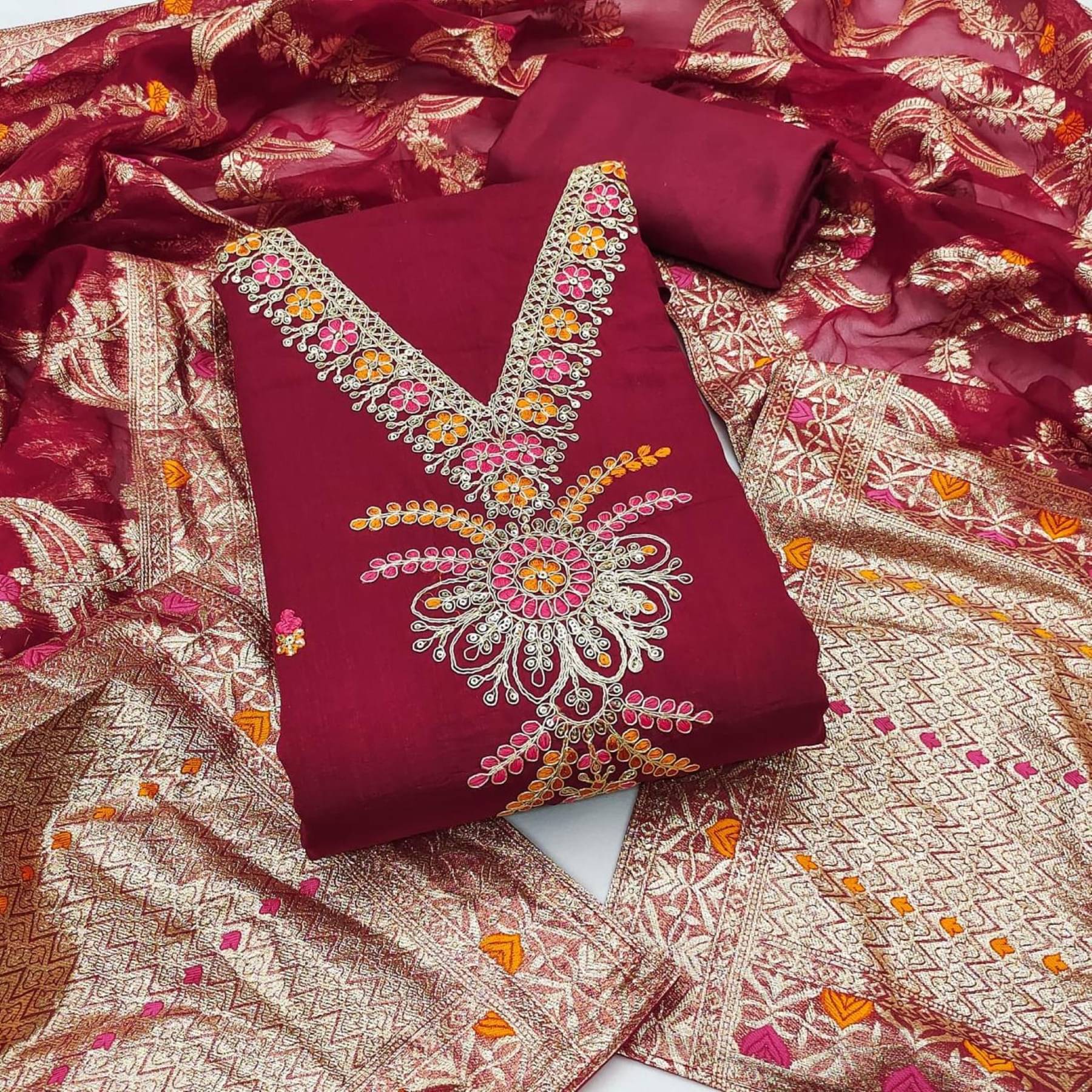 Panbai sarees Women Silk Unstitched Dress Material ( Red ) Panbai sarees Women Silk Unstitched Dress Material ( Red )