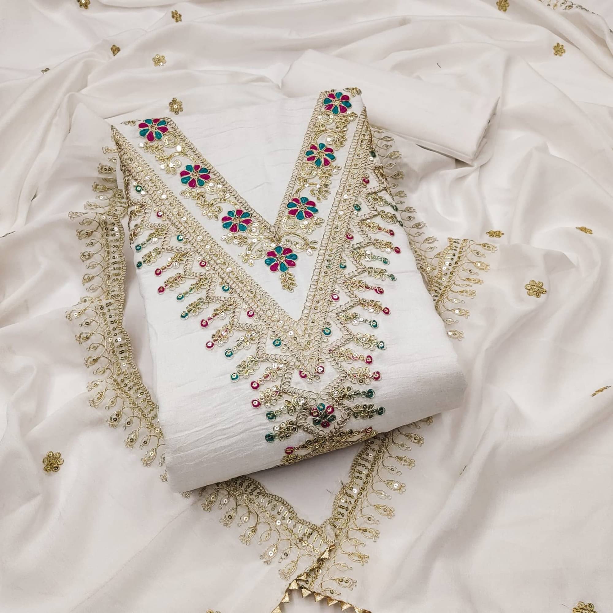     			Panbai sarees Women Silk Unstitched Dress Material ( White )