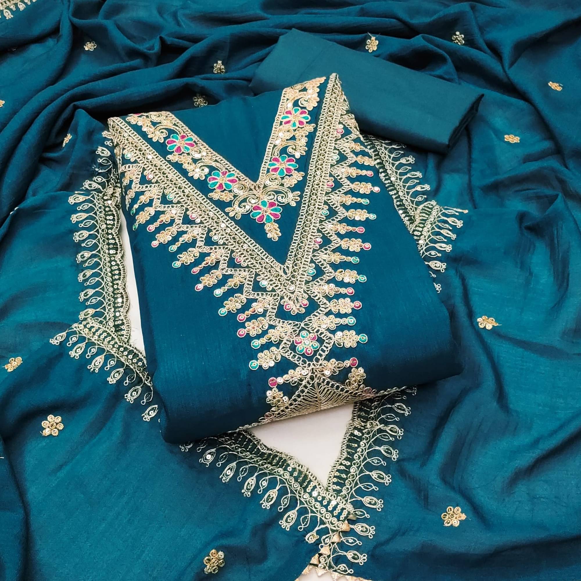 Panbai sarees Women Silk Unstitched Dress Material ( Blue ) Panbai sarees Women Silk Unstitched Dress Material ( Blue )