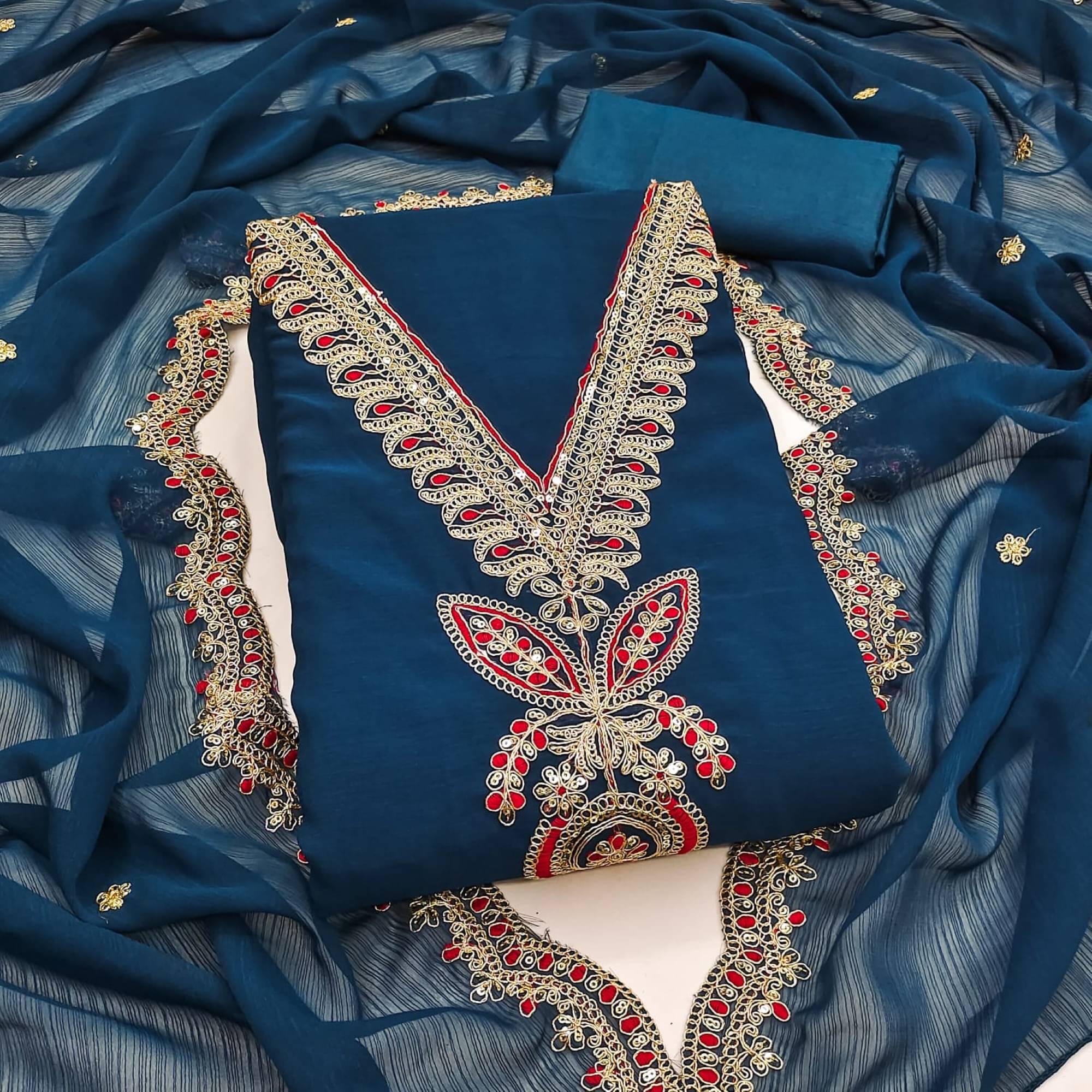 Panbai sarees Women Silk Unstitched Dress Material ( Blue )     			Panbai sarees Women Silk Unstitched Dress Material ( Blue )