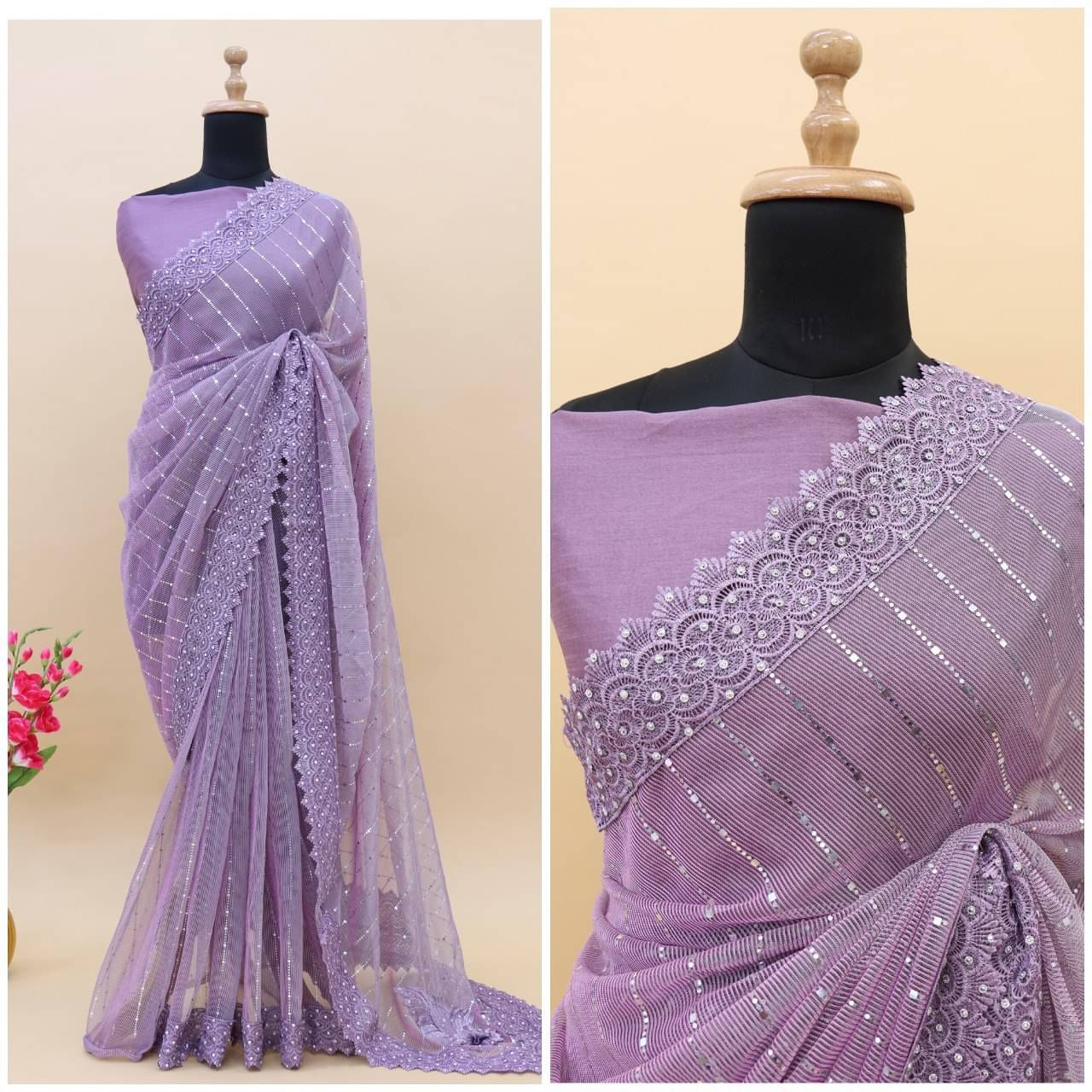 SATVASHIV Lycra Embellished Regular Saree With Unstitched Blouse Piece ( Lavender ) SATVASHIV Lycra Embellished Regular Saree With Unstitched Blouse Piece ( Lavender )